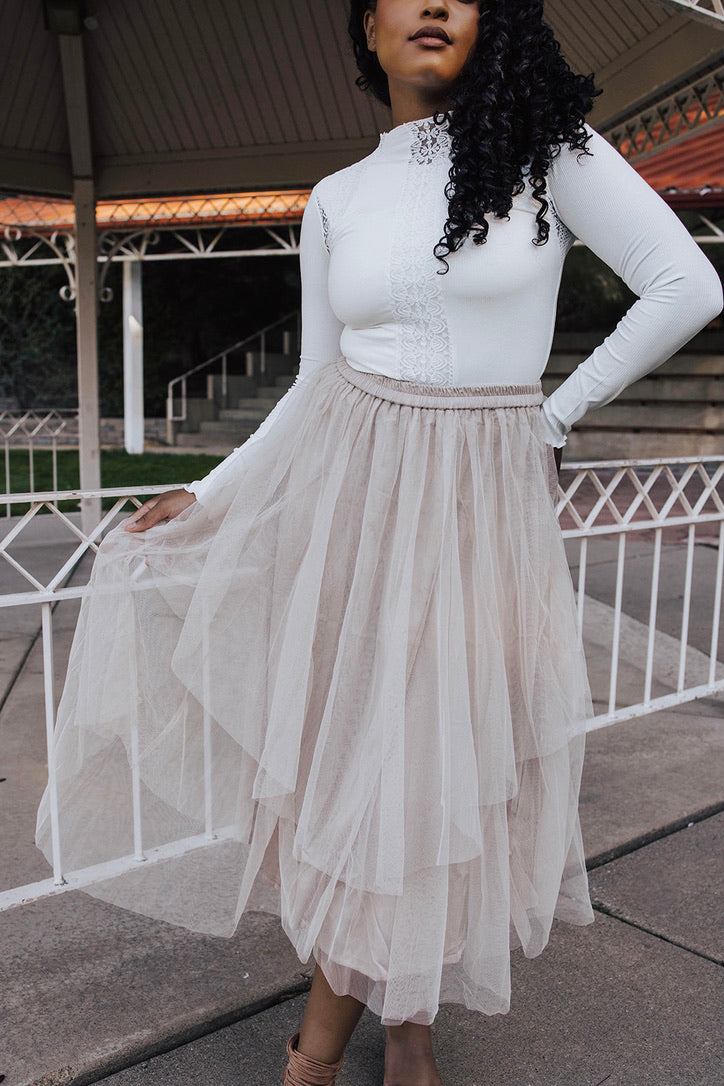 Selena Tulle Midi Skirt Sand Charcoal