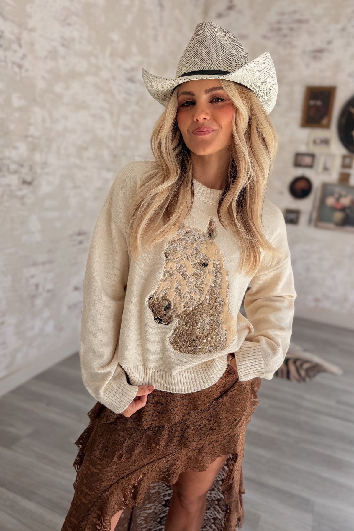 Ivory Pastures Horse Embroidered Sweater