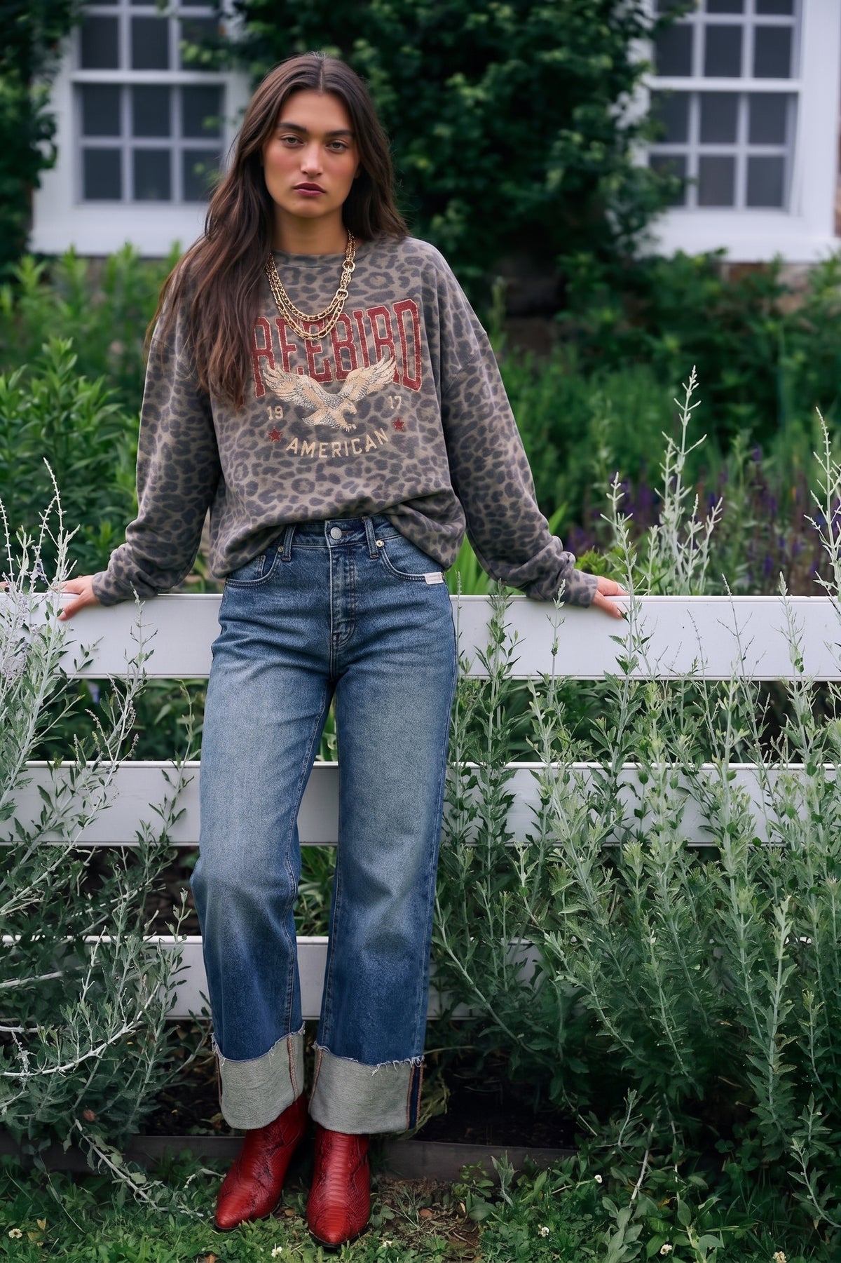 Leopard top with freebird graphic in red and cream. American 1977