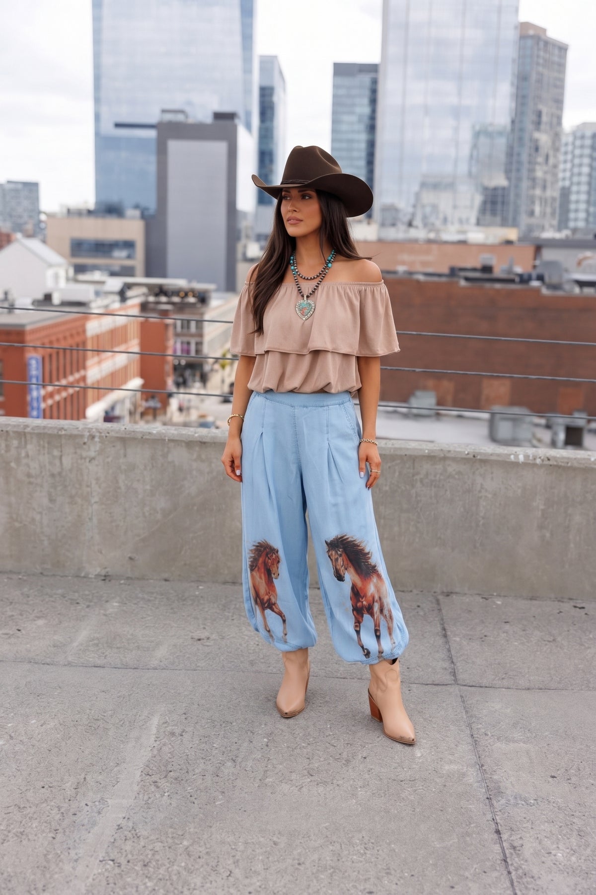 Horse print denim harem pants. Perfect for NFR or anytime you want to add a little country to your wardrobe