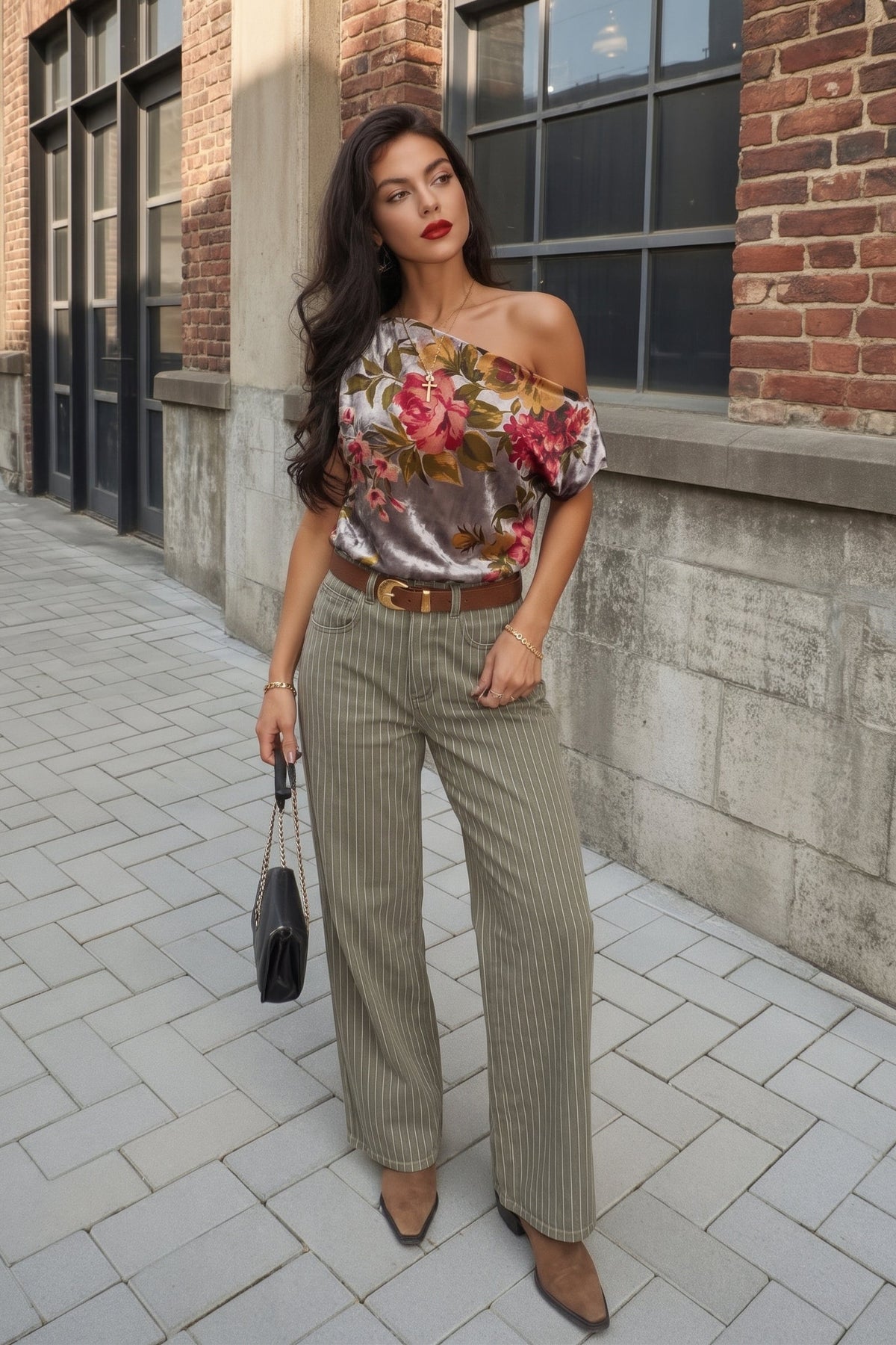 Rose Velvet floral asymmetrical off shoulder sleeveless blouse with pink floral print and draped silhouette