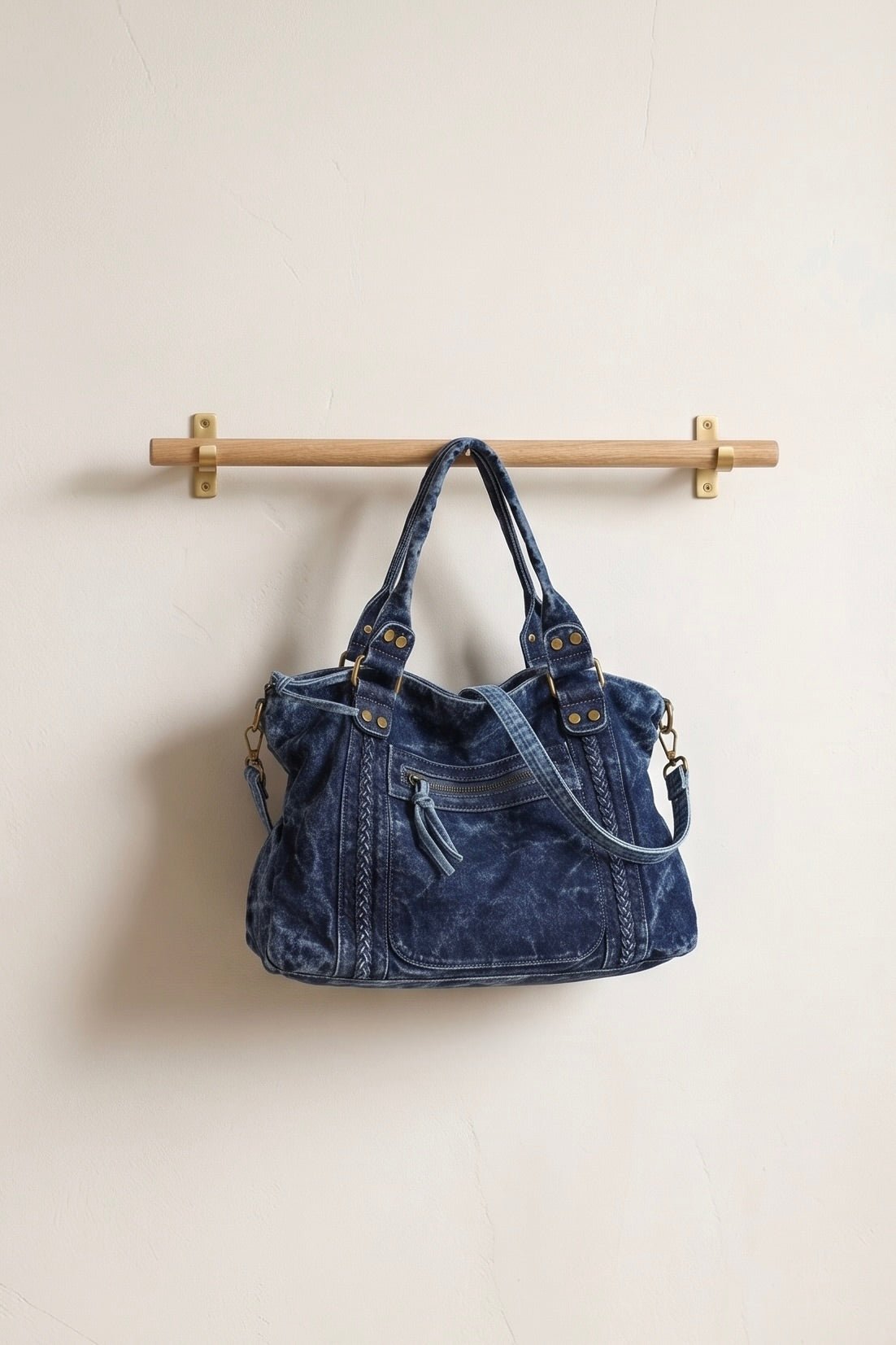 Washed blue denim tote bag with braided seam detailing, front zipper tassel pocket, top handles and adjustable crossbody strap.