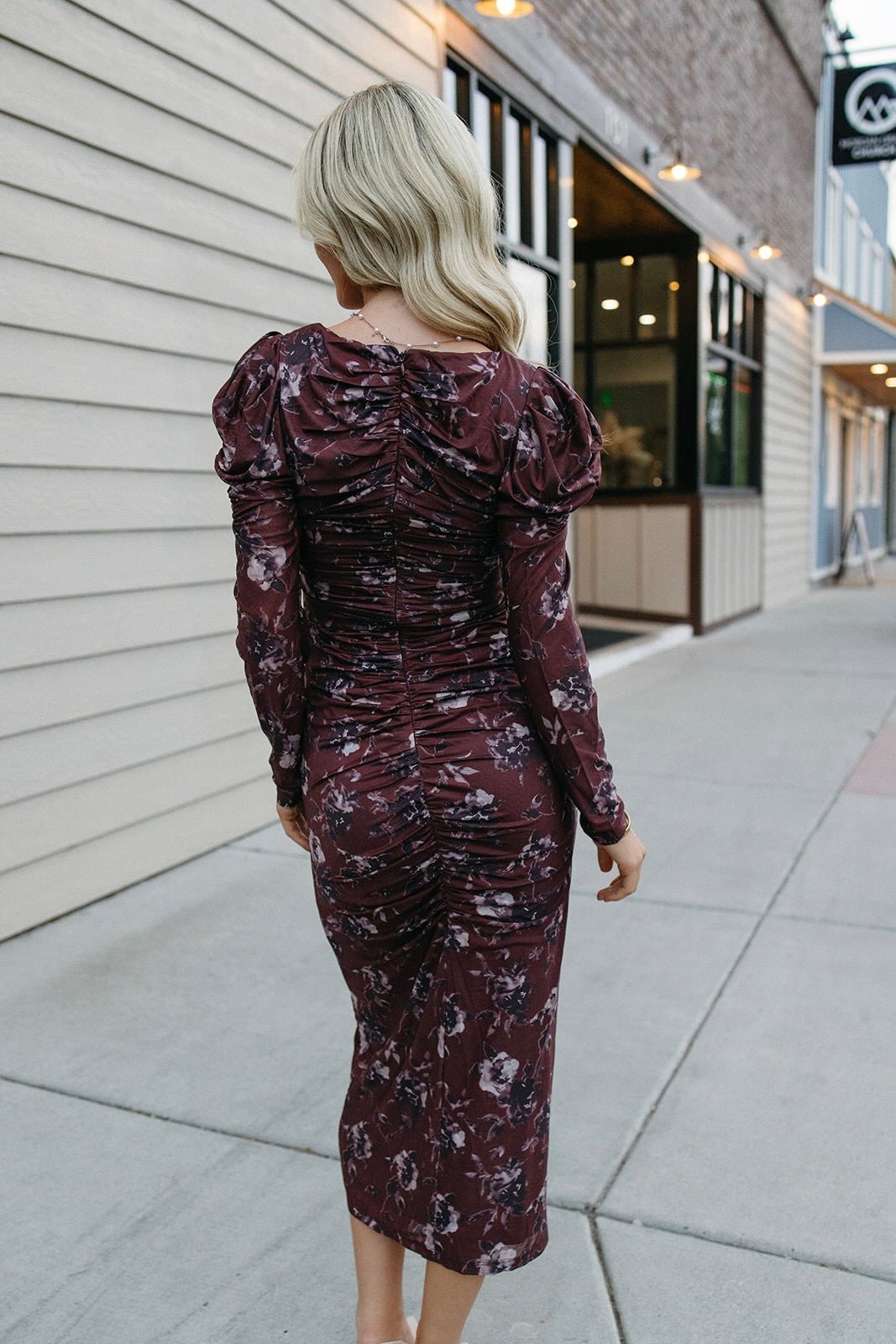 ASTR Ruched Mesh Midi Dress