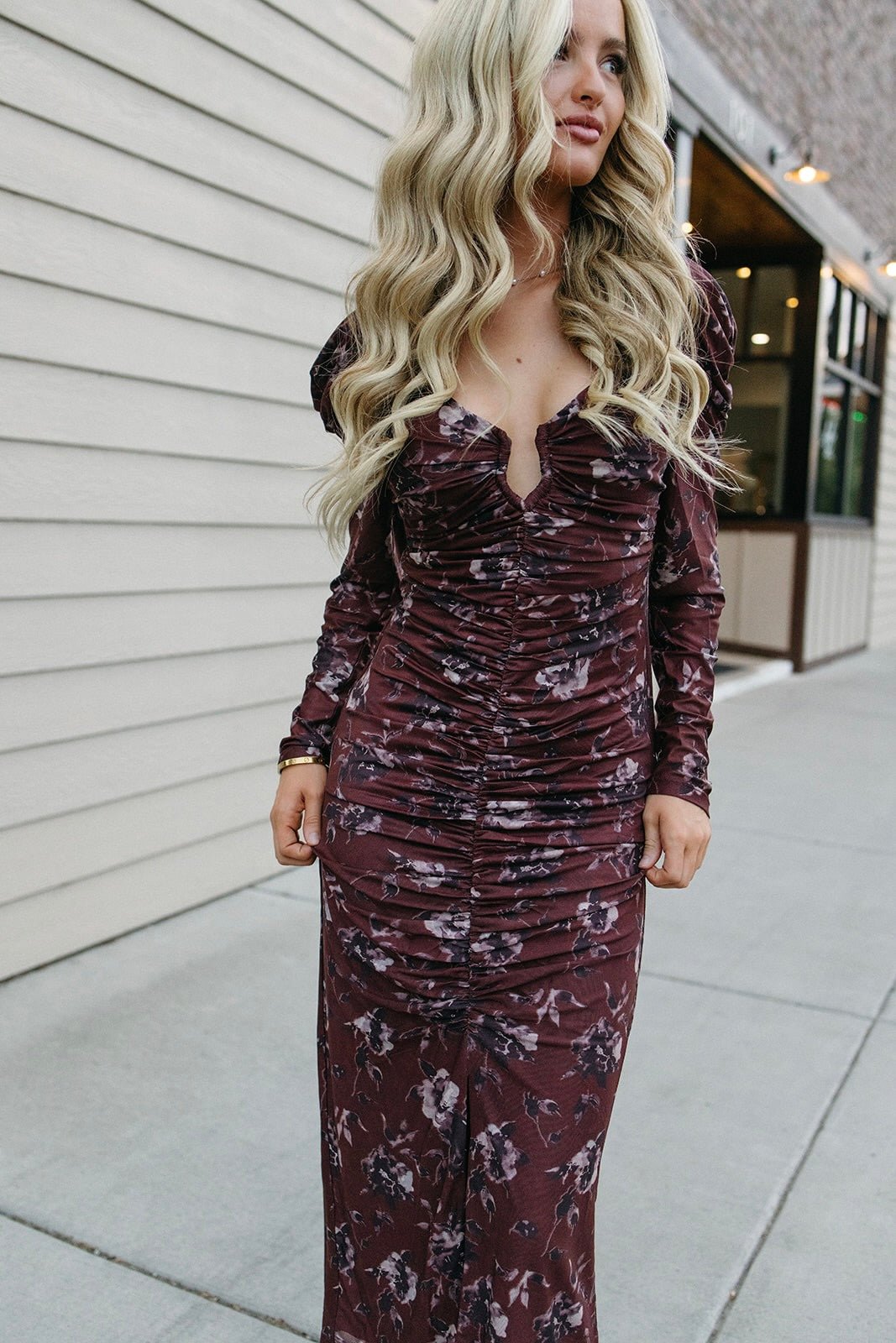 ASTR Ruched Mesh Midi Dress