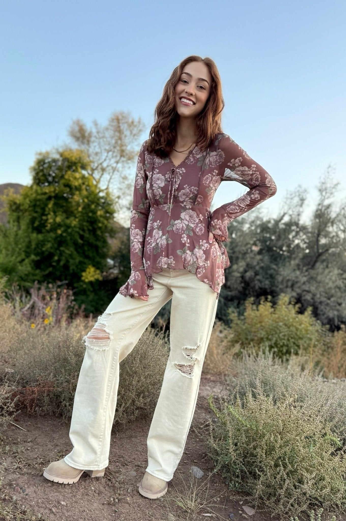 Floral top, womens floral mesh top, womens long sleeve top