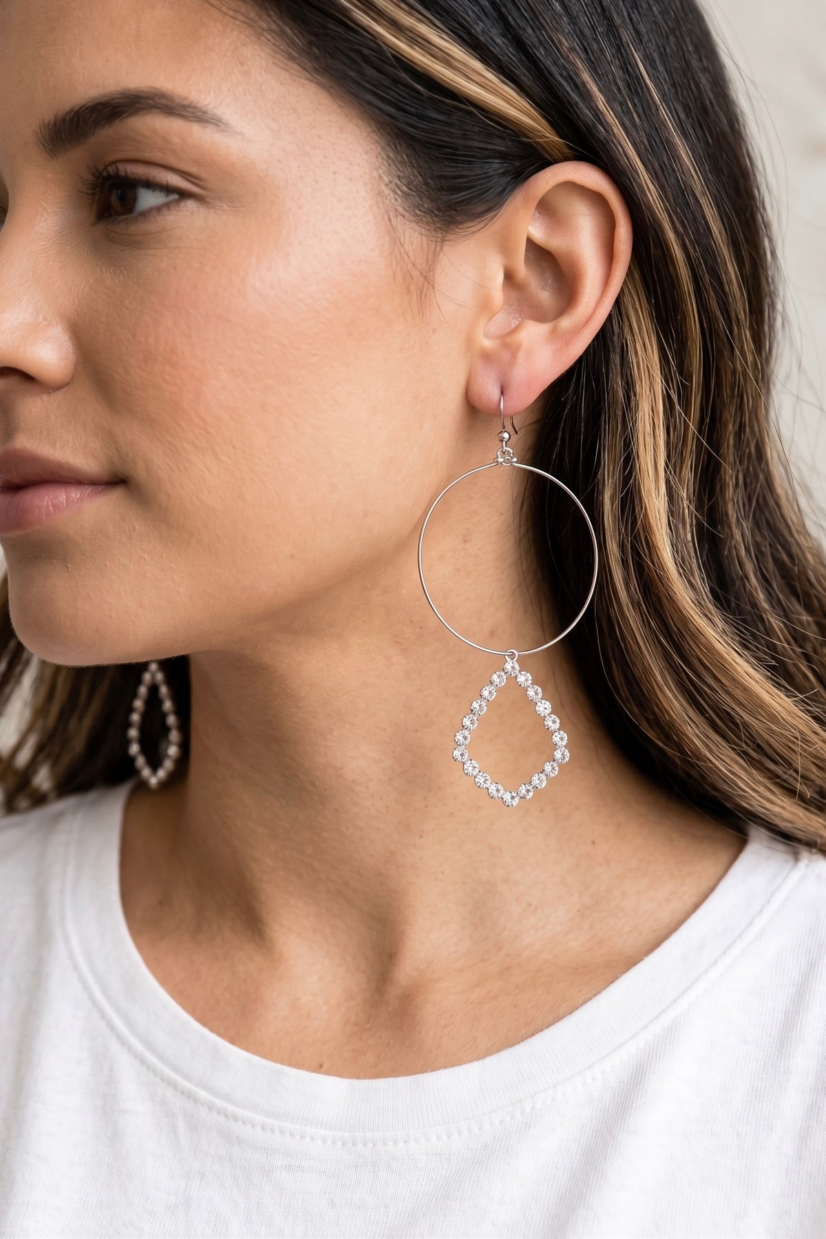 Oversized antique silver 65mm hoop earrings with sparkling crystal arrowhead pendants