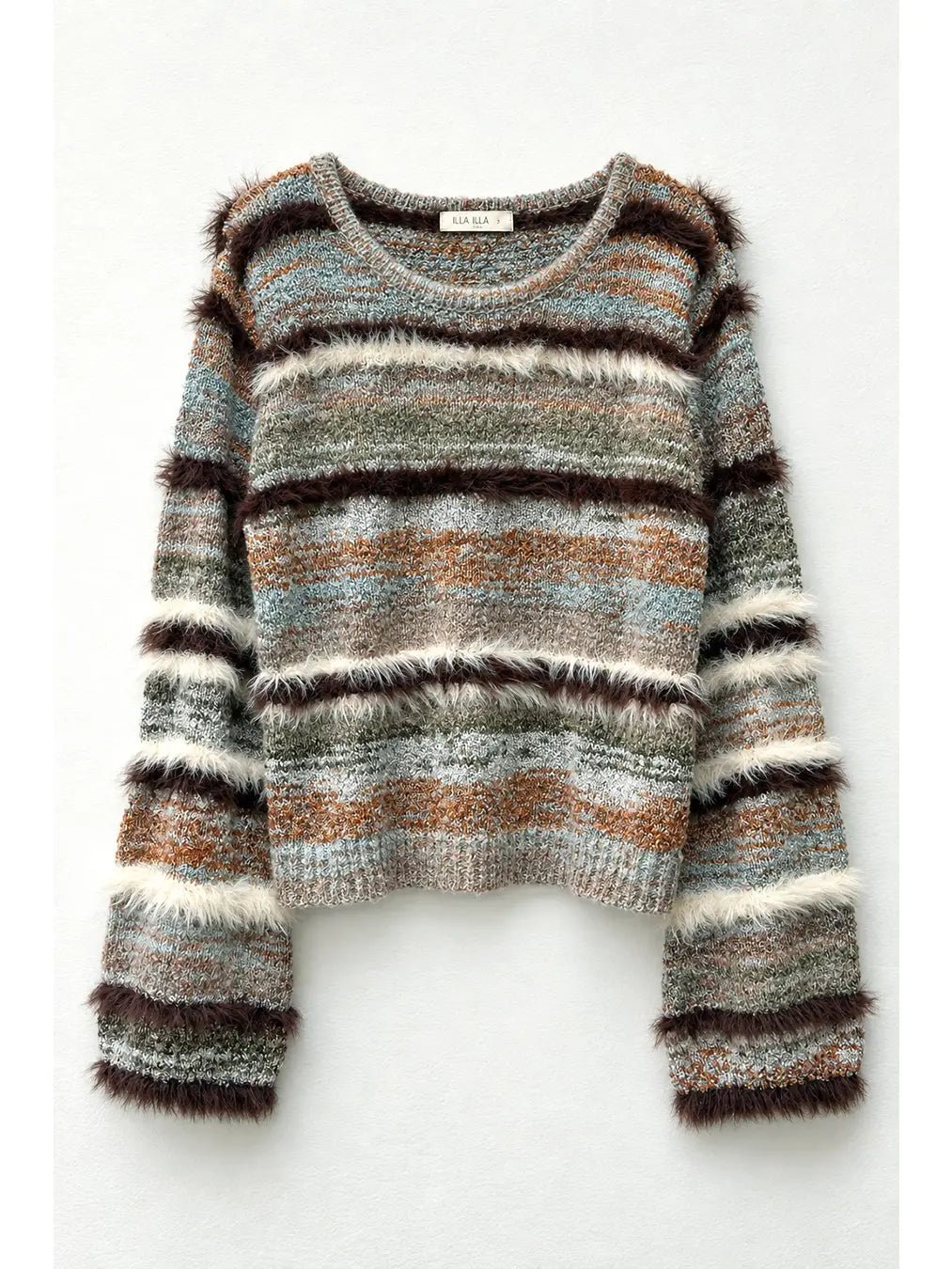 Women’s blue multi-texture knit sweater featuring mixed marled yarn, fuzzy contrast eyelash stripe detailing, a crew neckline, relaxed silhouette, and long bell sleeves.