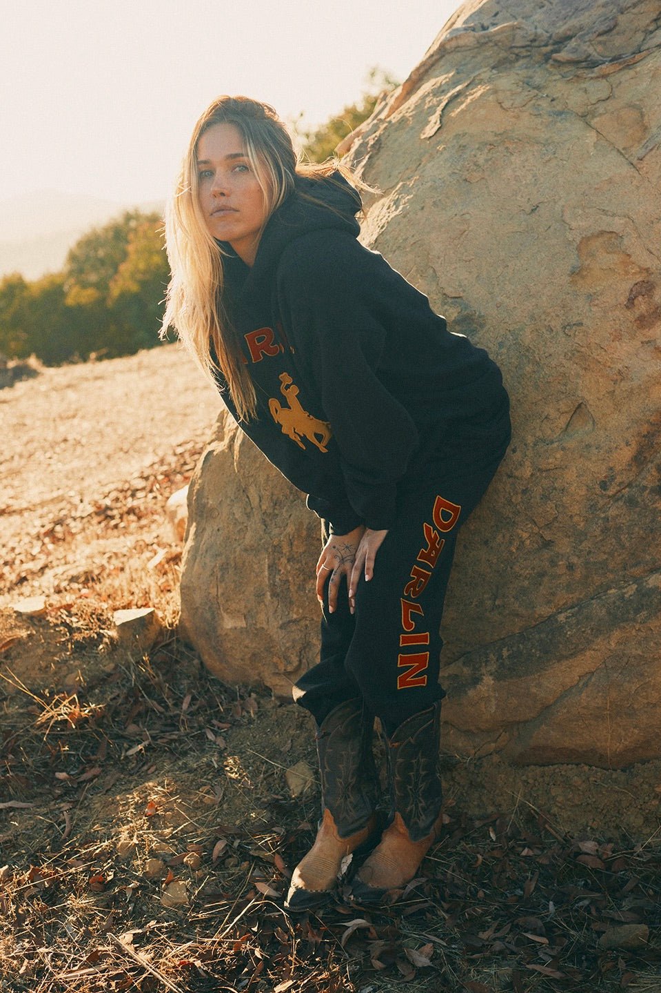 Darlin’ Rider Joggers in black featuring bold DARLIN’ applique down the leg