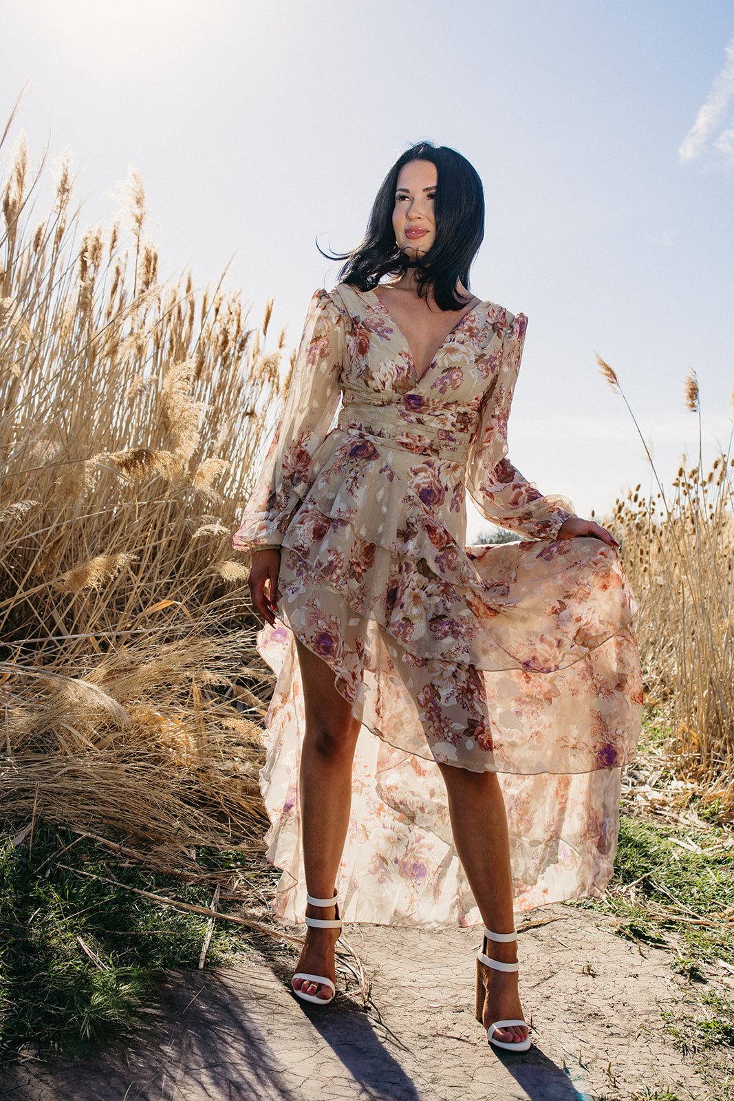 floral maxi dress, chiffon hi-lo dress, tiered wedding guest dress, western floral dress, summer occasion dress, flowy feminine gown.