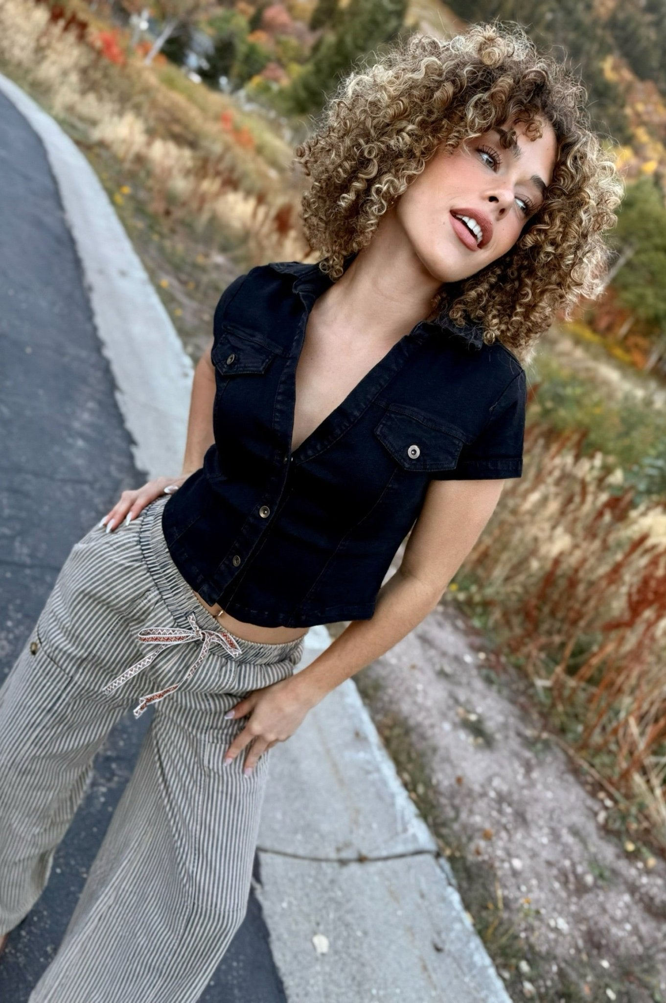 black denim button up short sleeve top