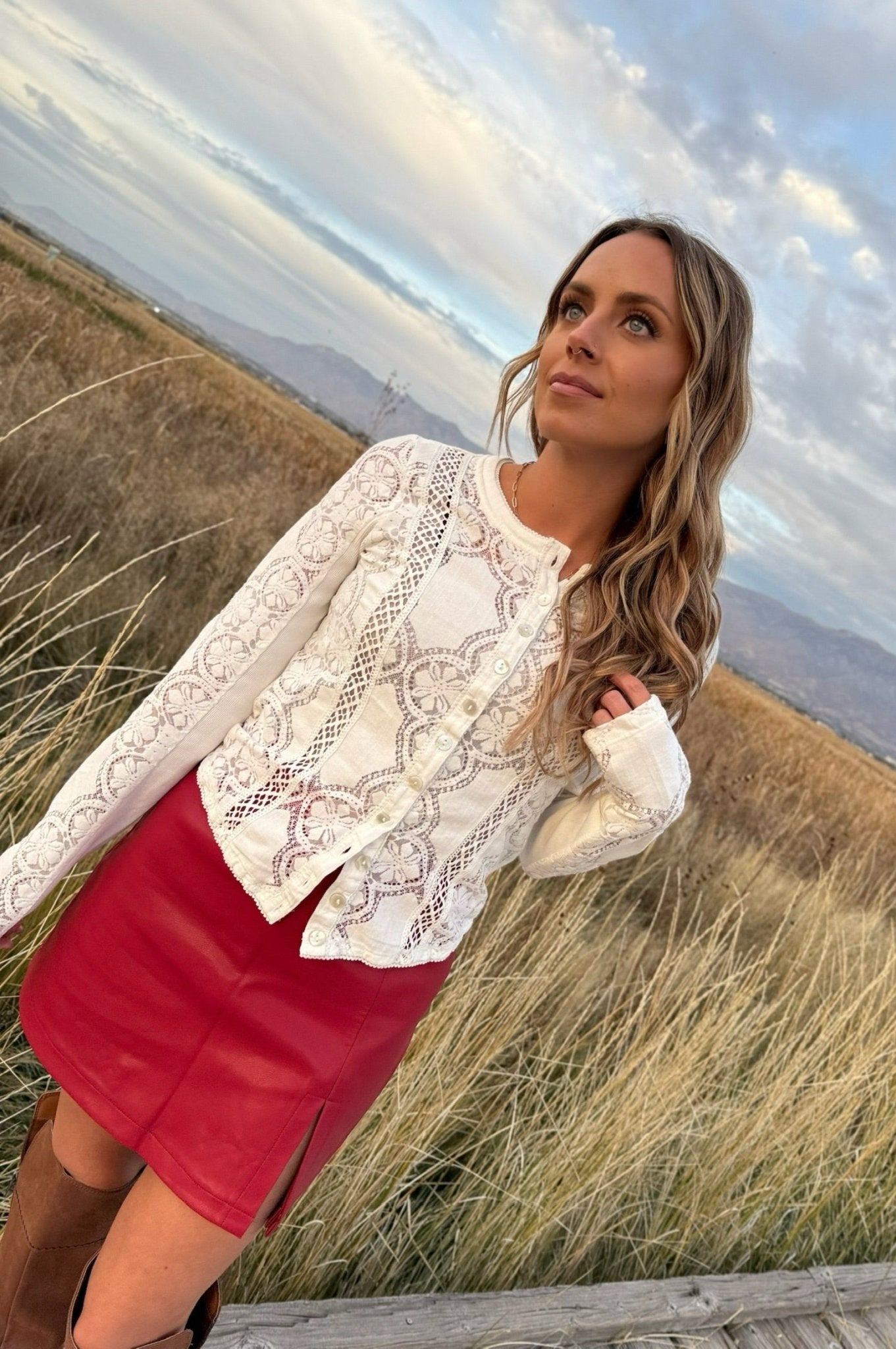 Free People Jae Sheer Lace Knit Long Sleeve Top