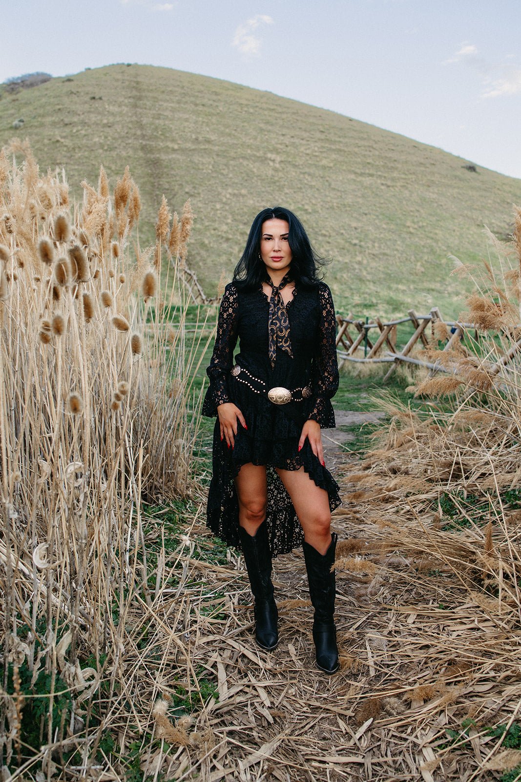 Gothic cowgirl dress, western lace dress, black high low dress, country concert outfit, dark romance fashion, tiered lace dress, sheer sleeve western dress