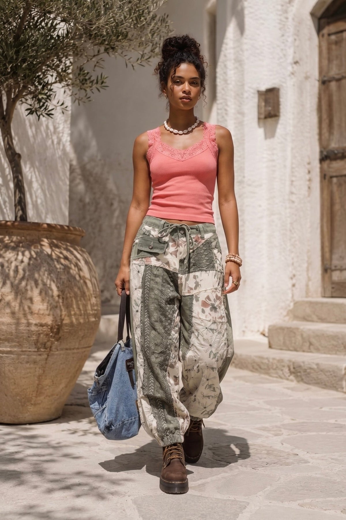 Women's olive vintage wash patchwork jogger pants with mixed floral prints, textured fabric panels and elastic ankle cuffs.