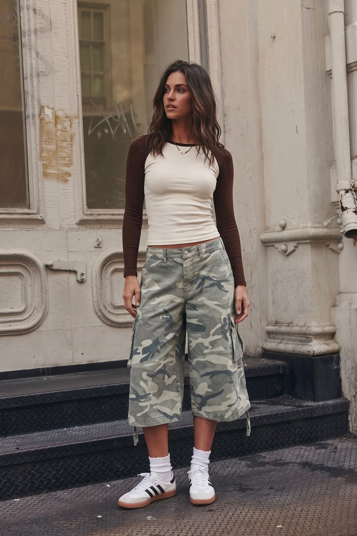 Women’s washed gray and sage camouflage cargo culotte jorts with a low-rise waist, oversized wide-leg below-the-knee silhouette, side flap utility pockets and adjustable drawstring hems.