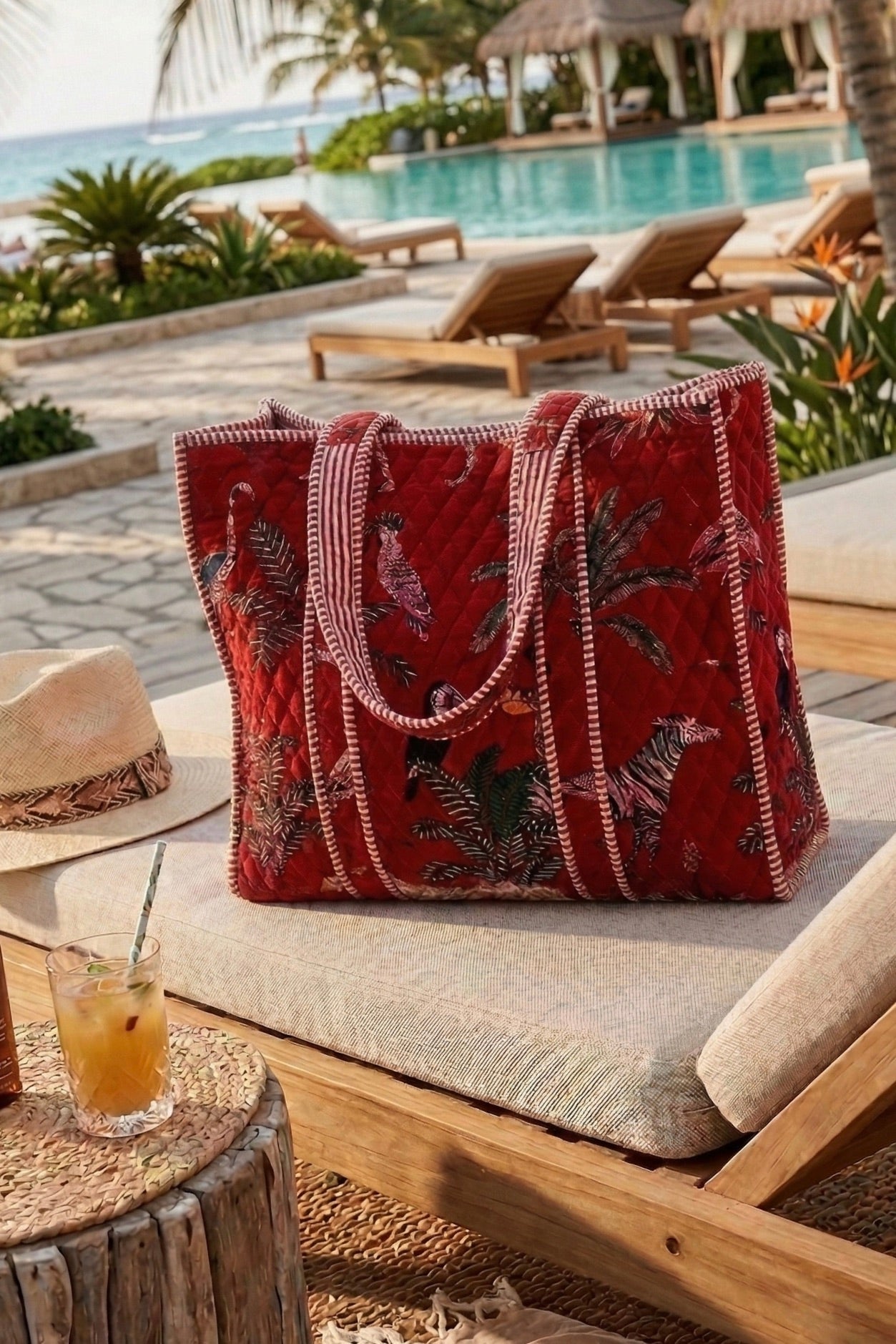 bold and playful statement tote with tropical birds and zebras