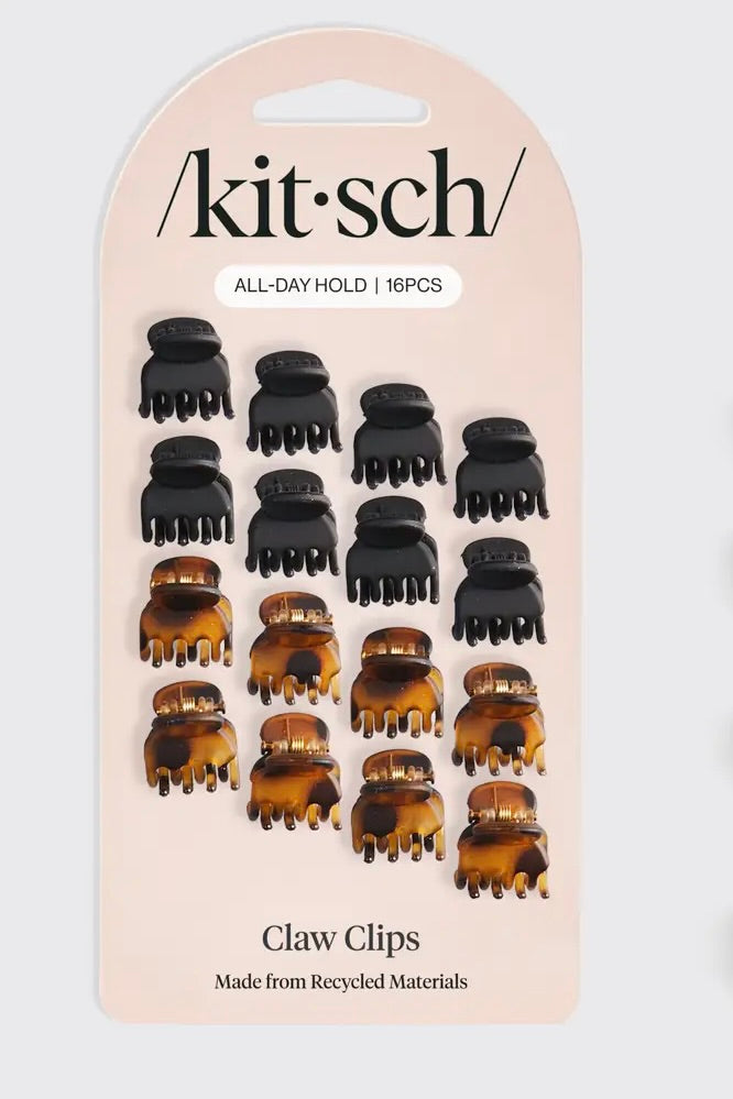 Kitsch 16 pack mini claw clips in black and tortoise made from recycled materials