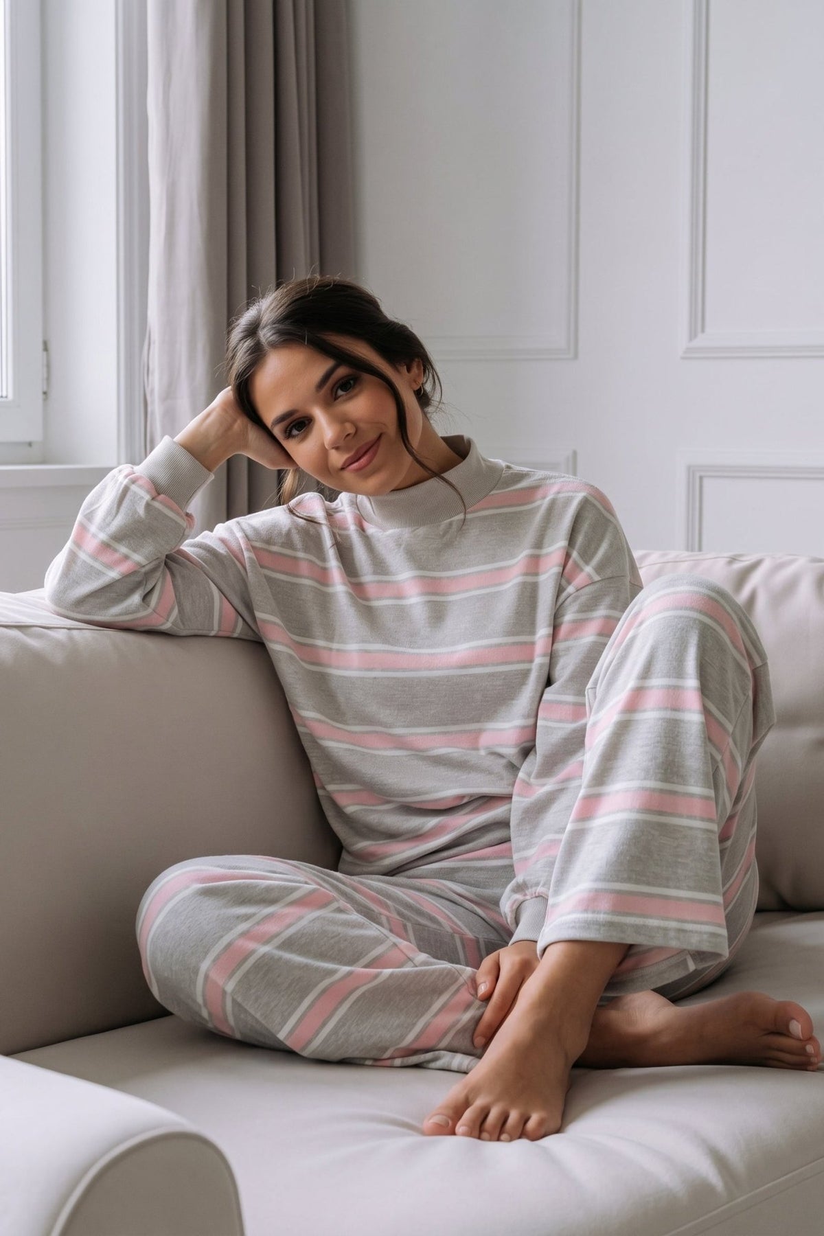 striped lounge wear set. Grey, pink and white stripes. Mock turtle neck and wide leg pants