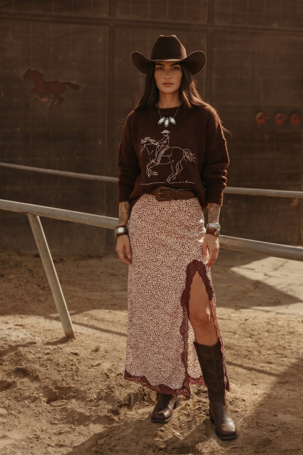 brown pattern long maxi skirt with lace edging