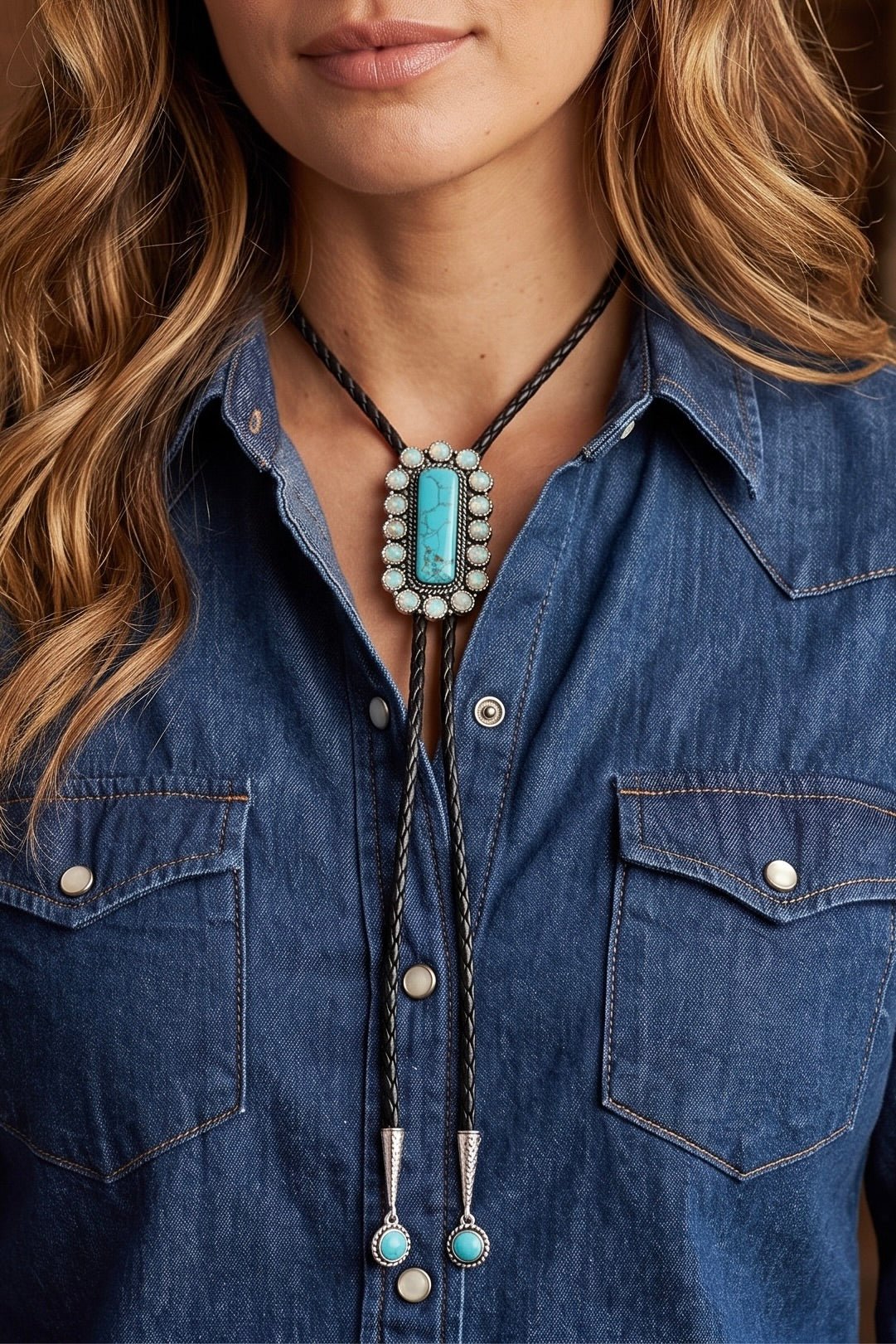 Western bolo necklace with rectangular turquoise-look stone, crystal border, black braided cord and silver-tone turquoise-accented tips.
