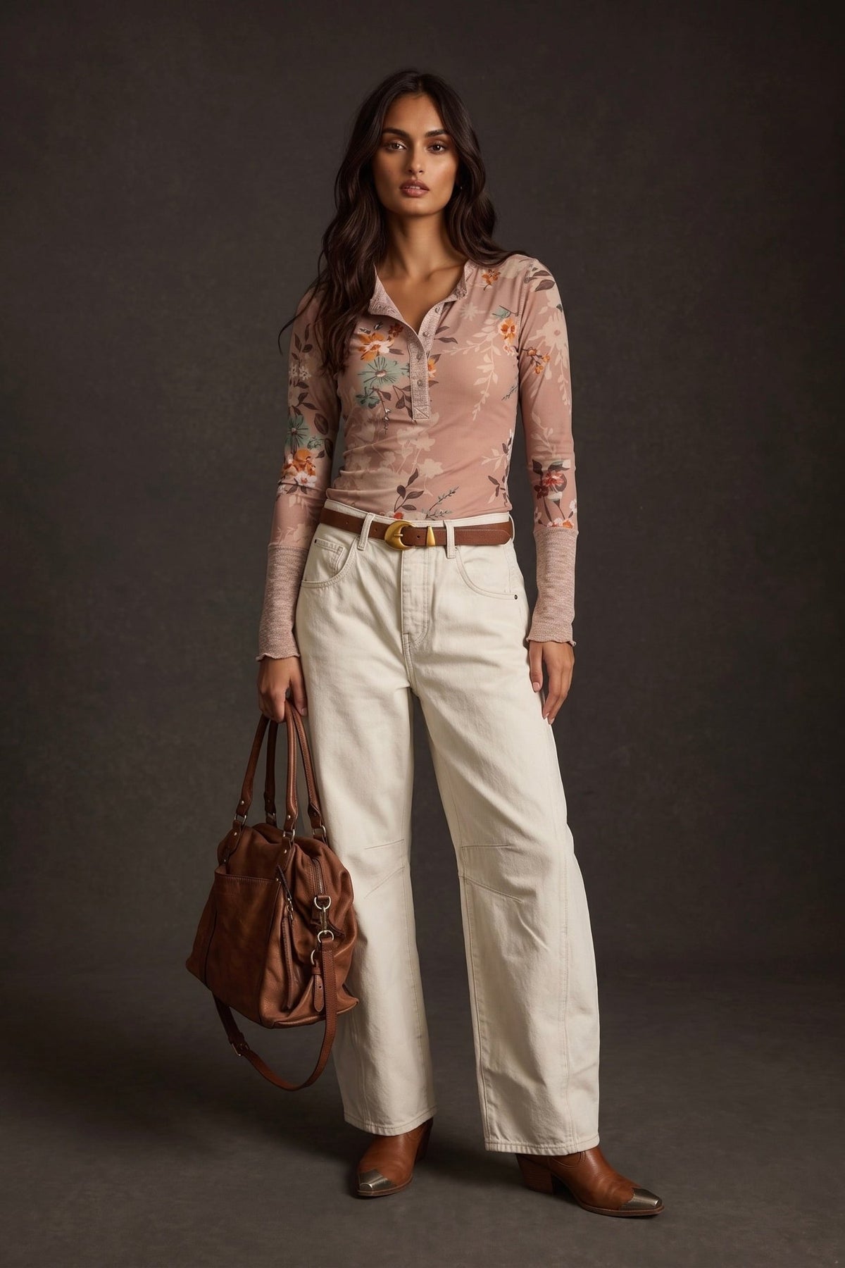 Women’s blush pink floral long sleeve Henley top featuring an all-over vintage botanical print, fitted silhouette, scoop neckline with button placket, contrast textured cuffs and soft feminine styling. A romantic boho-inspired floral top for casual outfits, western styling, layering and transitional fall-to-spring wear.