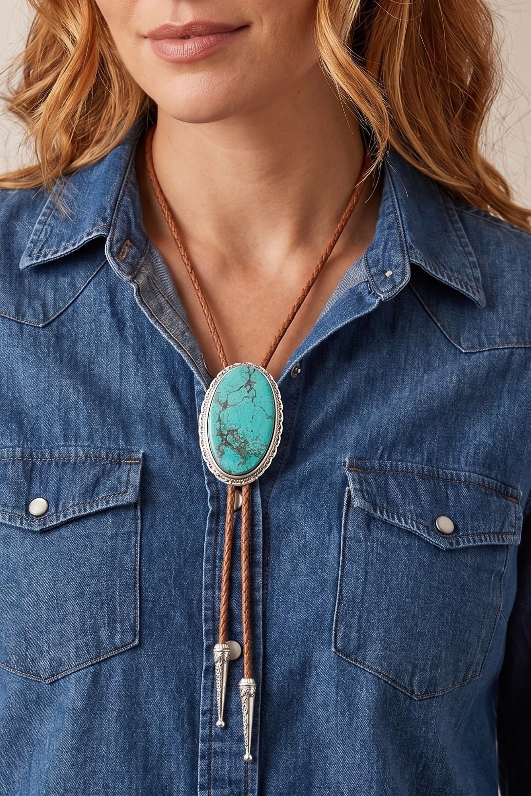 Handmade western bolo necklace with a large oval turquoise stone, adjustable brown leather cord, and antique silver setting styled on a white top.