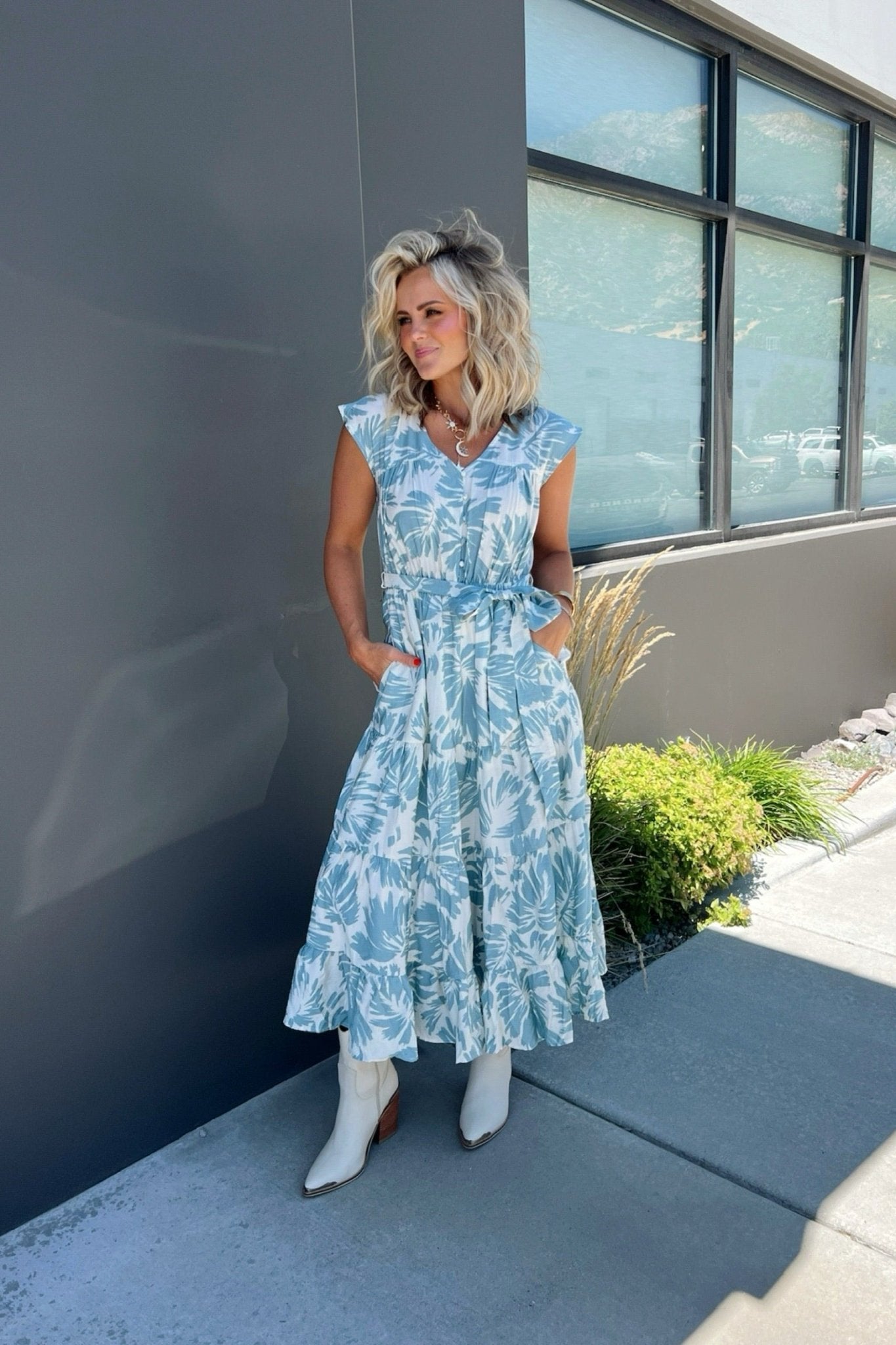 v-neck front tie midi dress