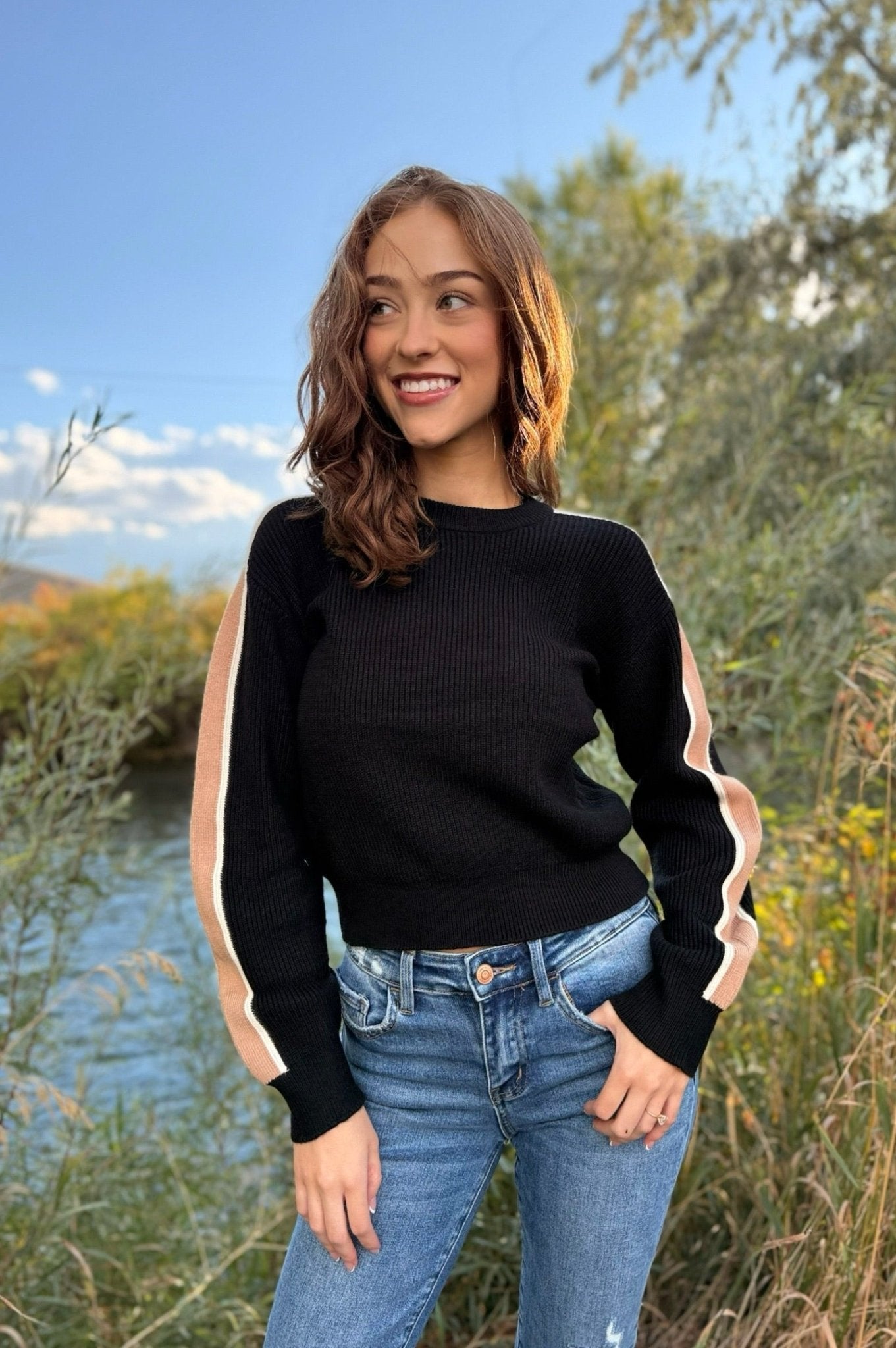 Sweater, womens sweater, stripe sweater, fitted sweater, black womens sweater, green womens sweater, womens fall sweater