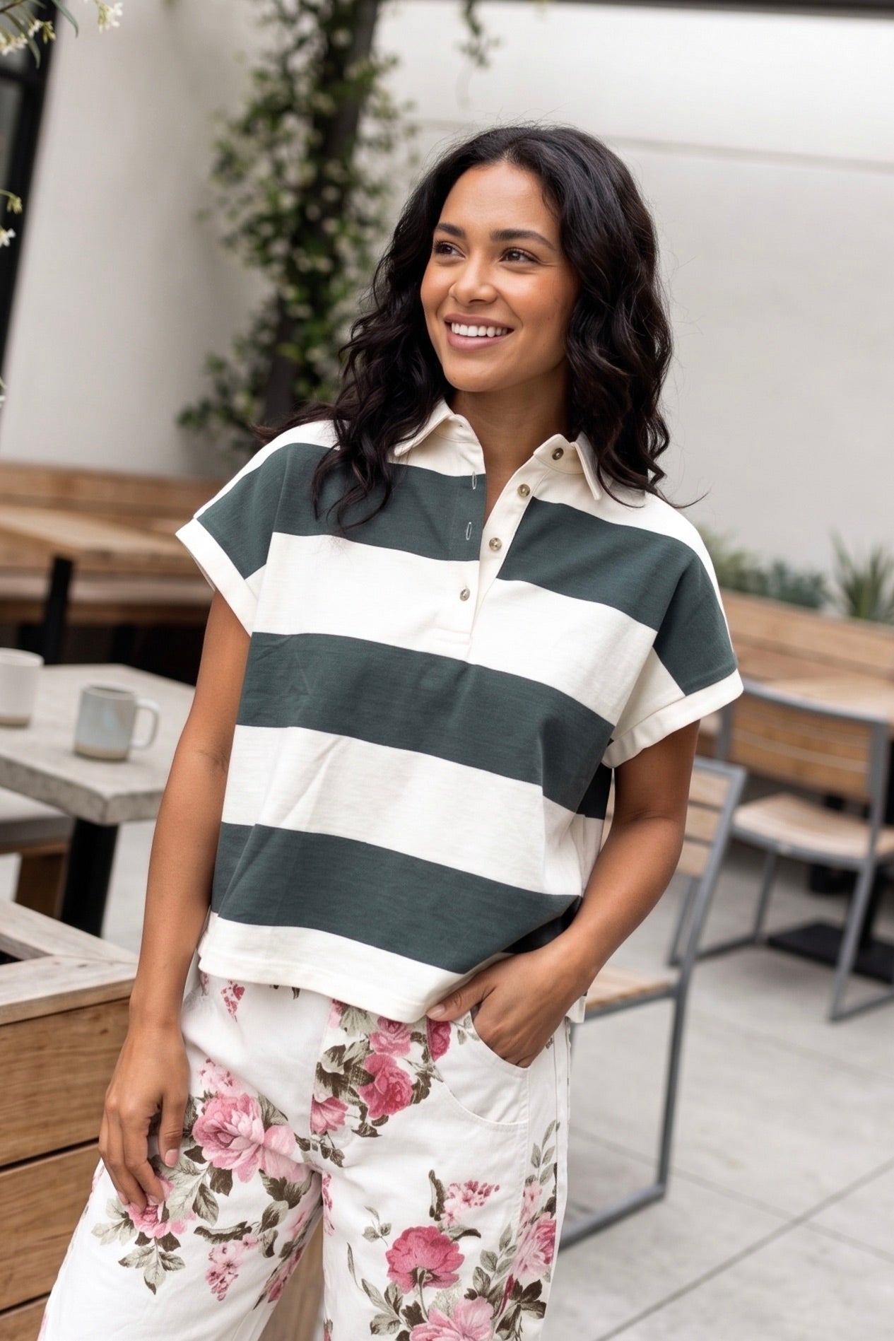 Sideline stripe polo, boxy knit polo, women's cropped polo, vintage striped shirt, casual knit top, retro polo collar, relaxed fit striped top