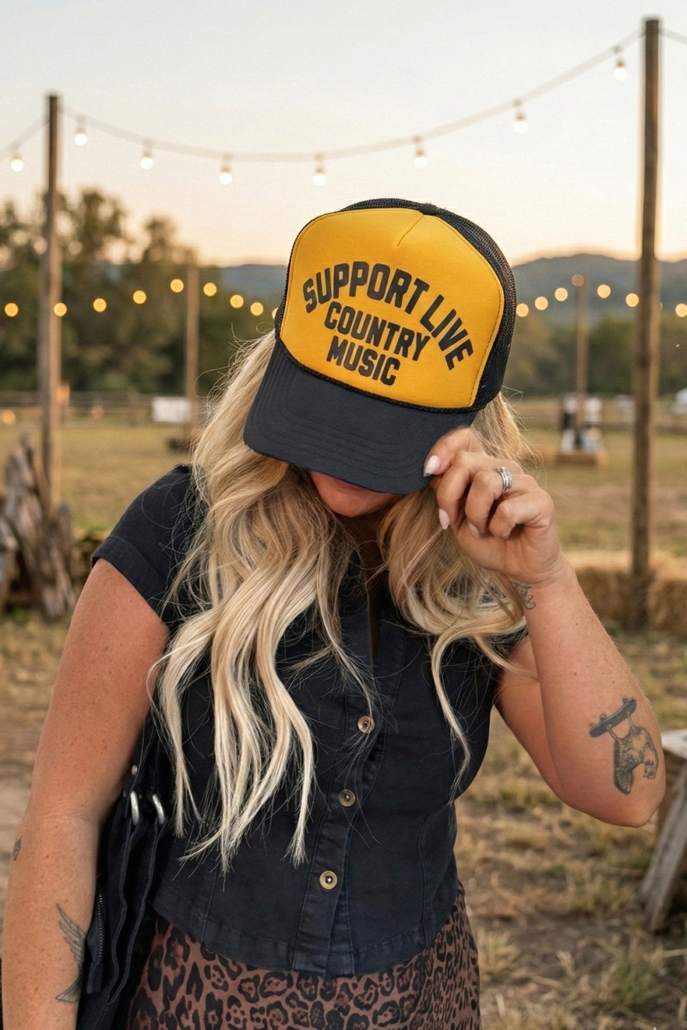 support live country music trucker hat with black mesh back
