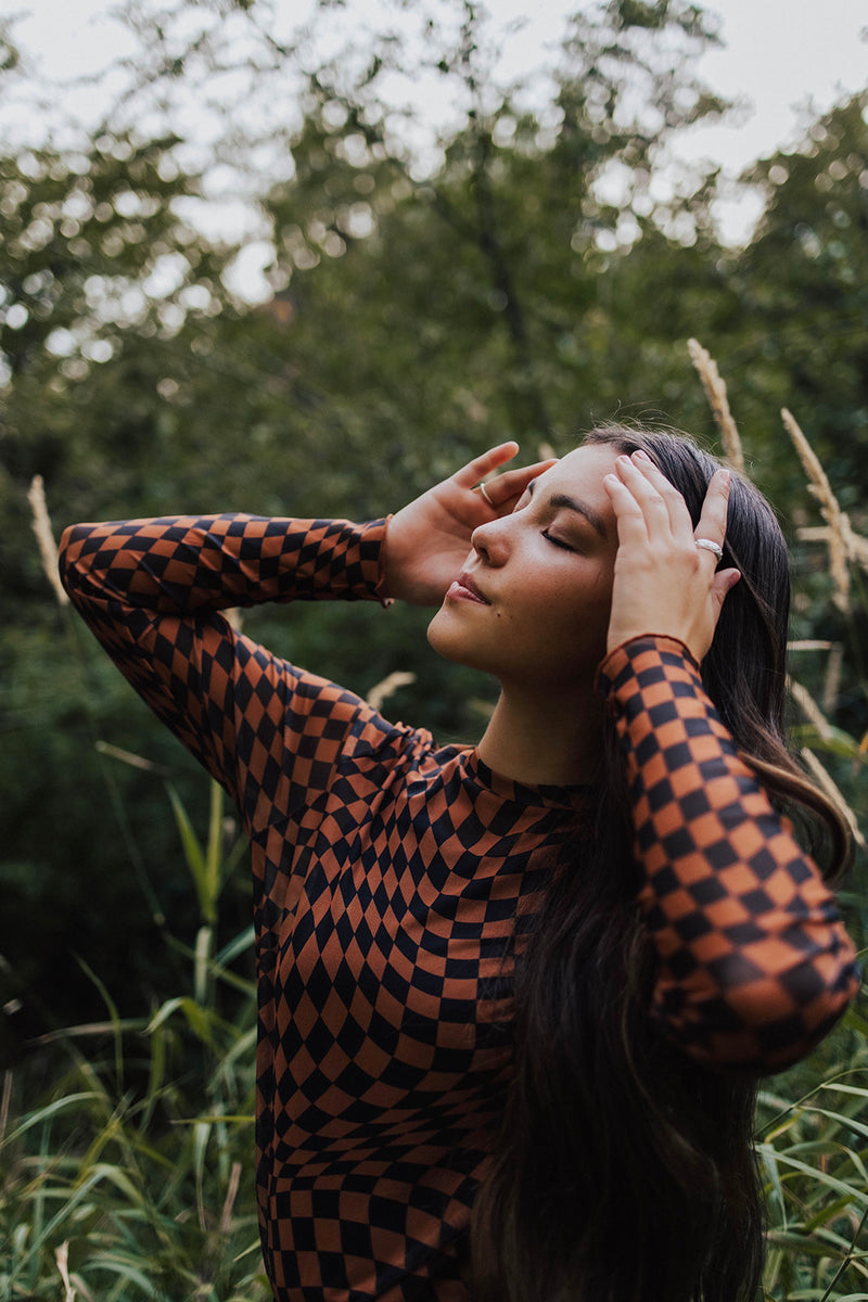 Dorian Checkered Print Mesh Top
