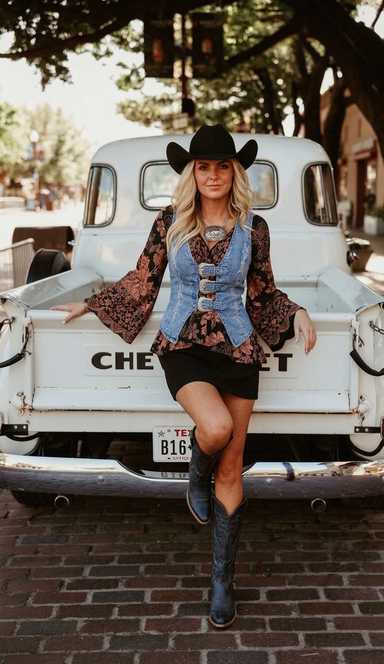 Denim front buckle vest with embroidery detailing