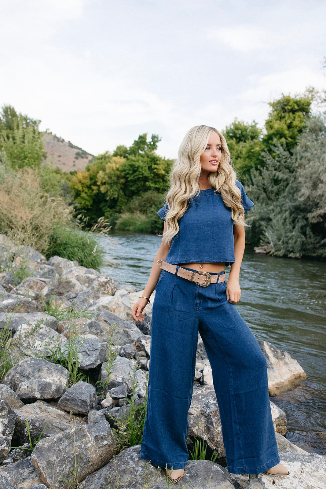 blue matching set pants with wide leg silhouette