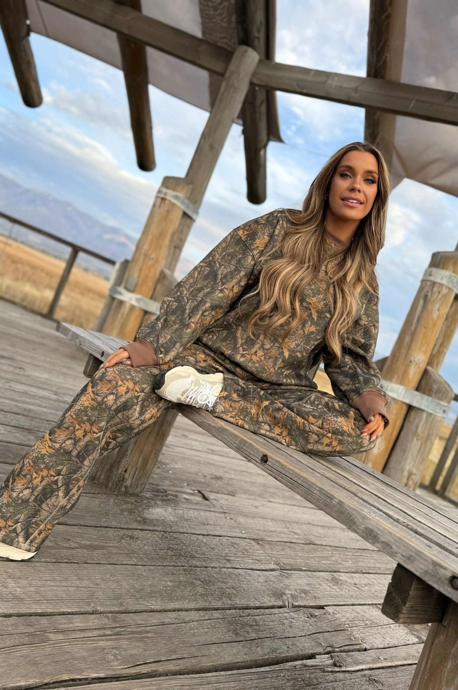 Women's Cozy Camo Oversized Crewneck Sweatshirt | Woodland Print Pullover, Womens Camo Sweat Set