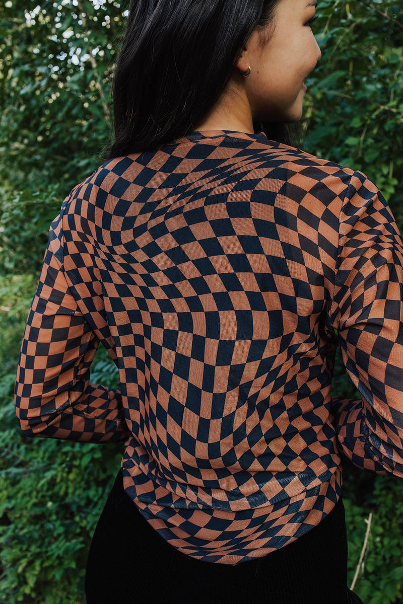 Dorian Checkered Print Mesh Top