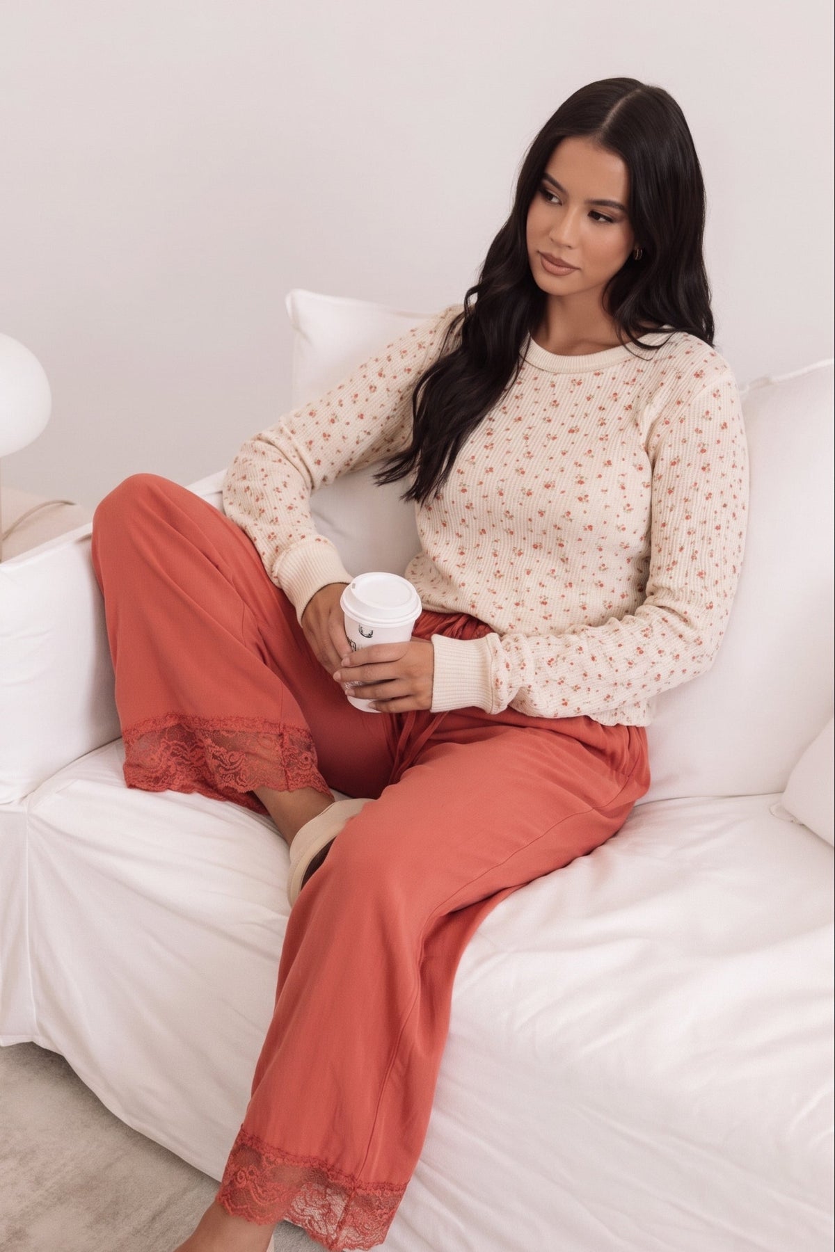 Natural color ribbed top with pink floral pattern.  Pair with your favorite lounge pants, or perfect under jackets or vests.