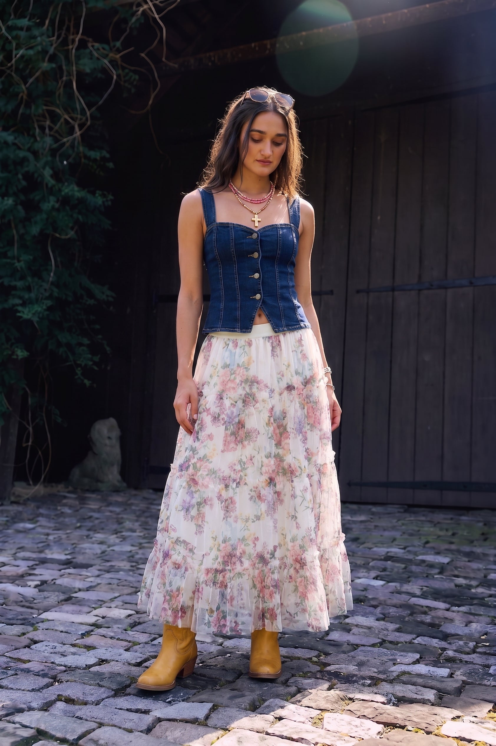 Tiered tulle floral maxi skirt