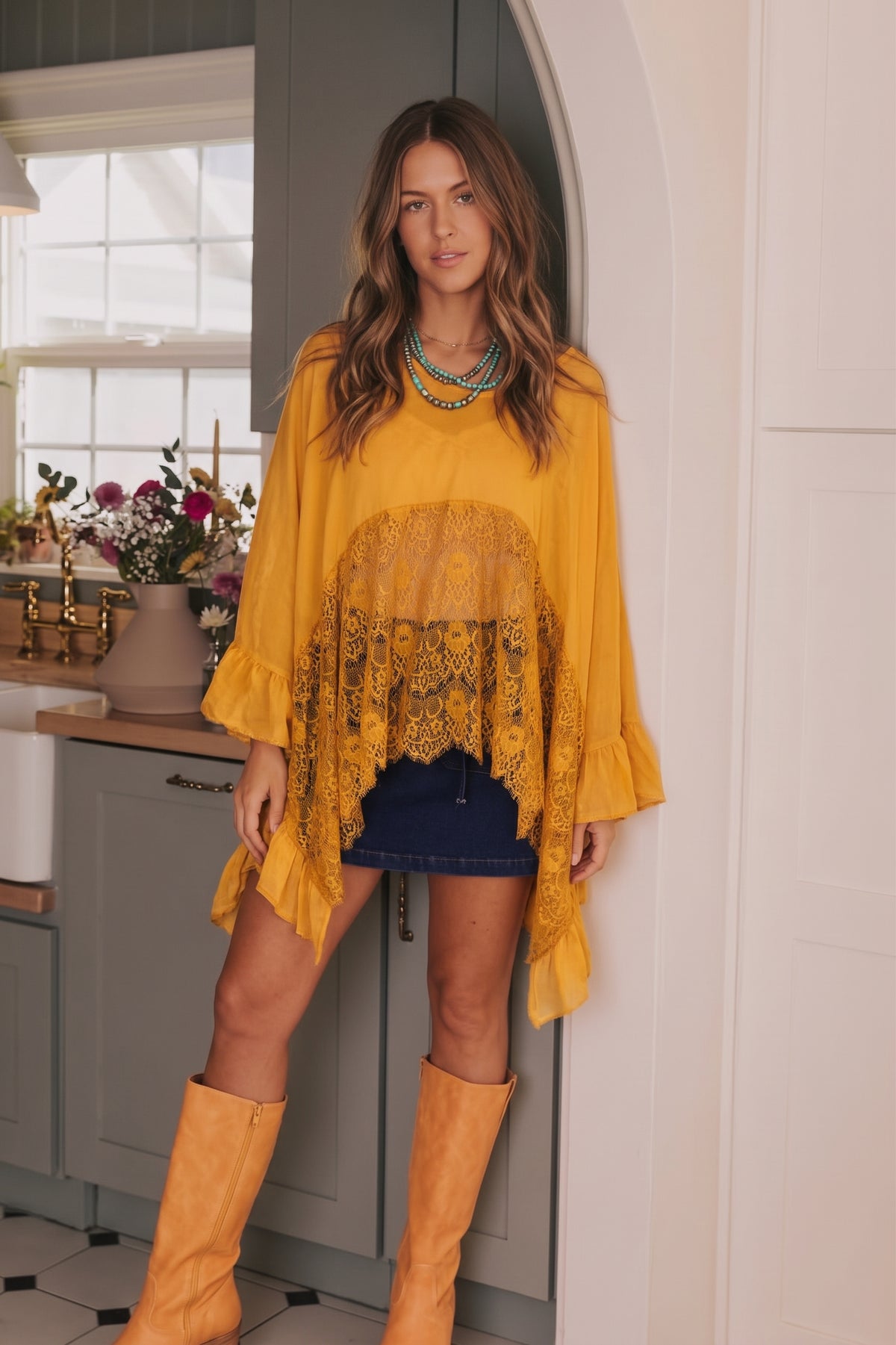 mustard yellow drapey boho blouse with lace bottom and ruffled sleeves