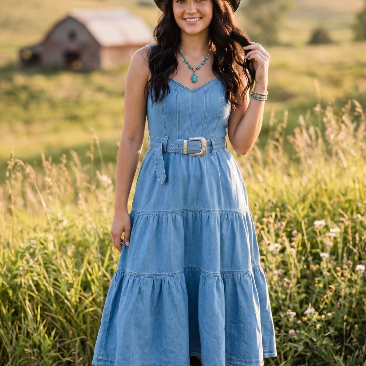 Backroads & Daydreams Denim Tiered Dress, Medium / Light Denim