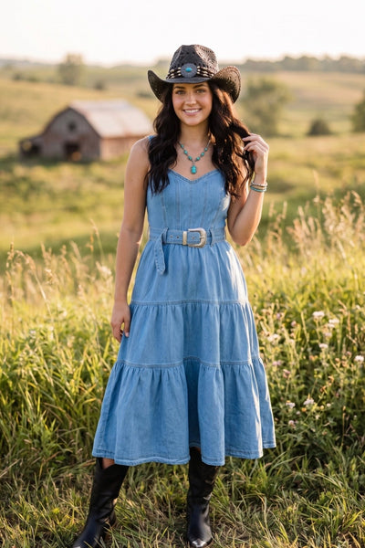 Backroads & Daydreams Denim Tiered Dress, Small / Light Denim