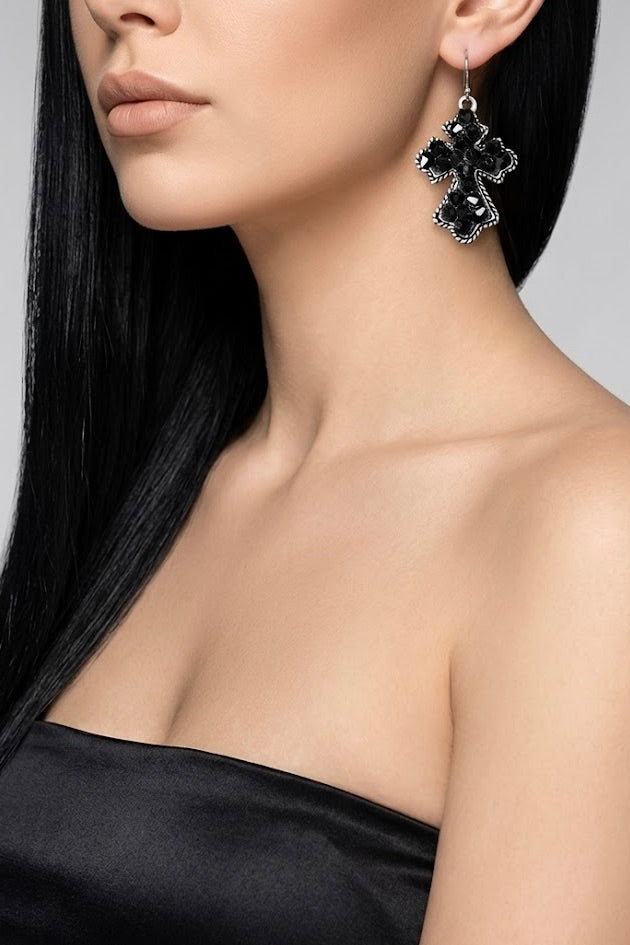 Black crystal cross earrings with antique silver detailing and fish hook backs, featuring handcrafted faceted crystals in a bold dark western design perfect for gothic cowgirl and country concert outfits.