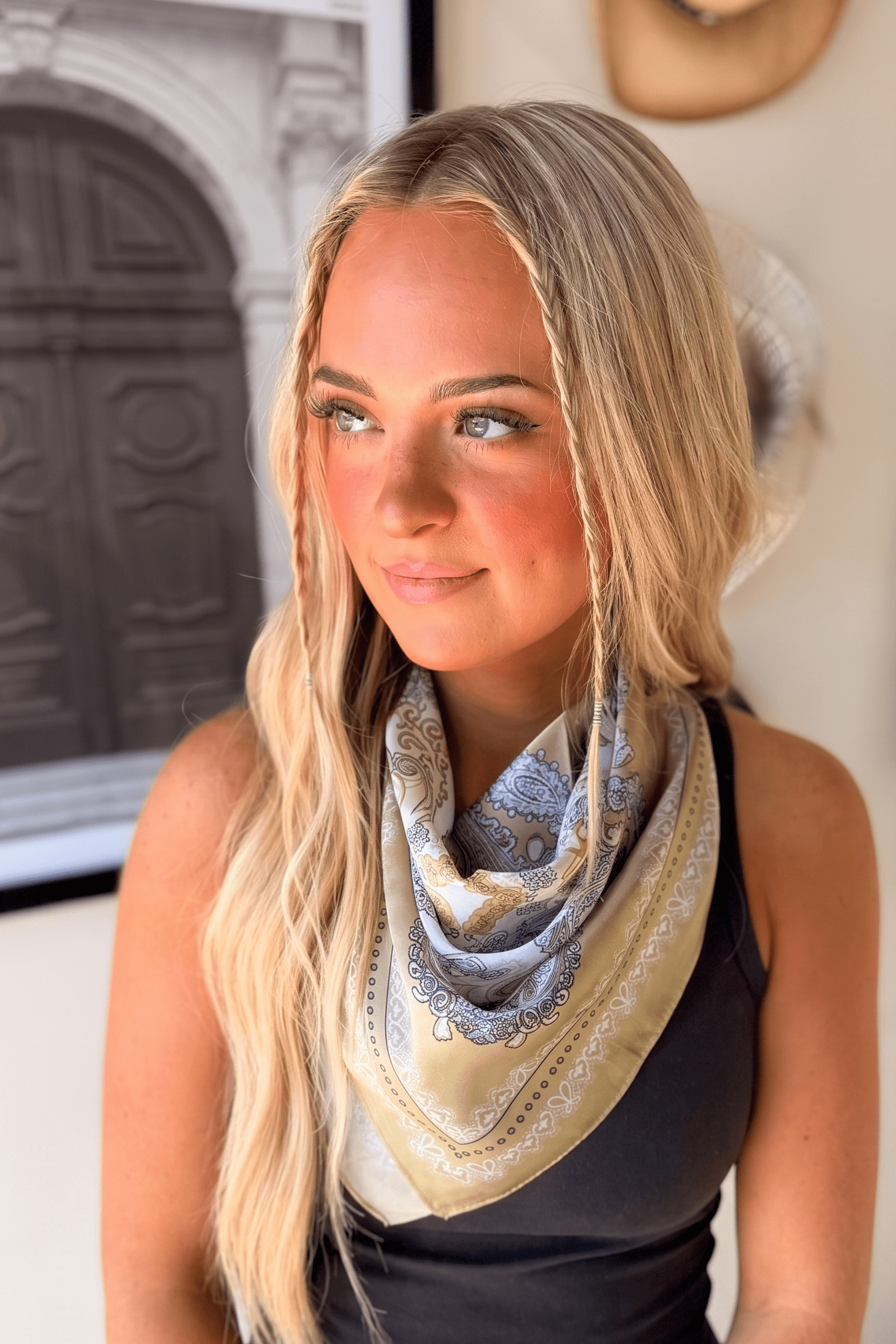 green paisley western neck scarf for country concert outfits, festival fashion, purse scarf, western accessory, from Sand and Charcoal