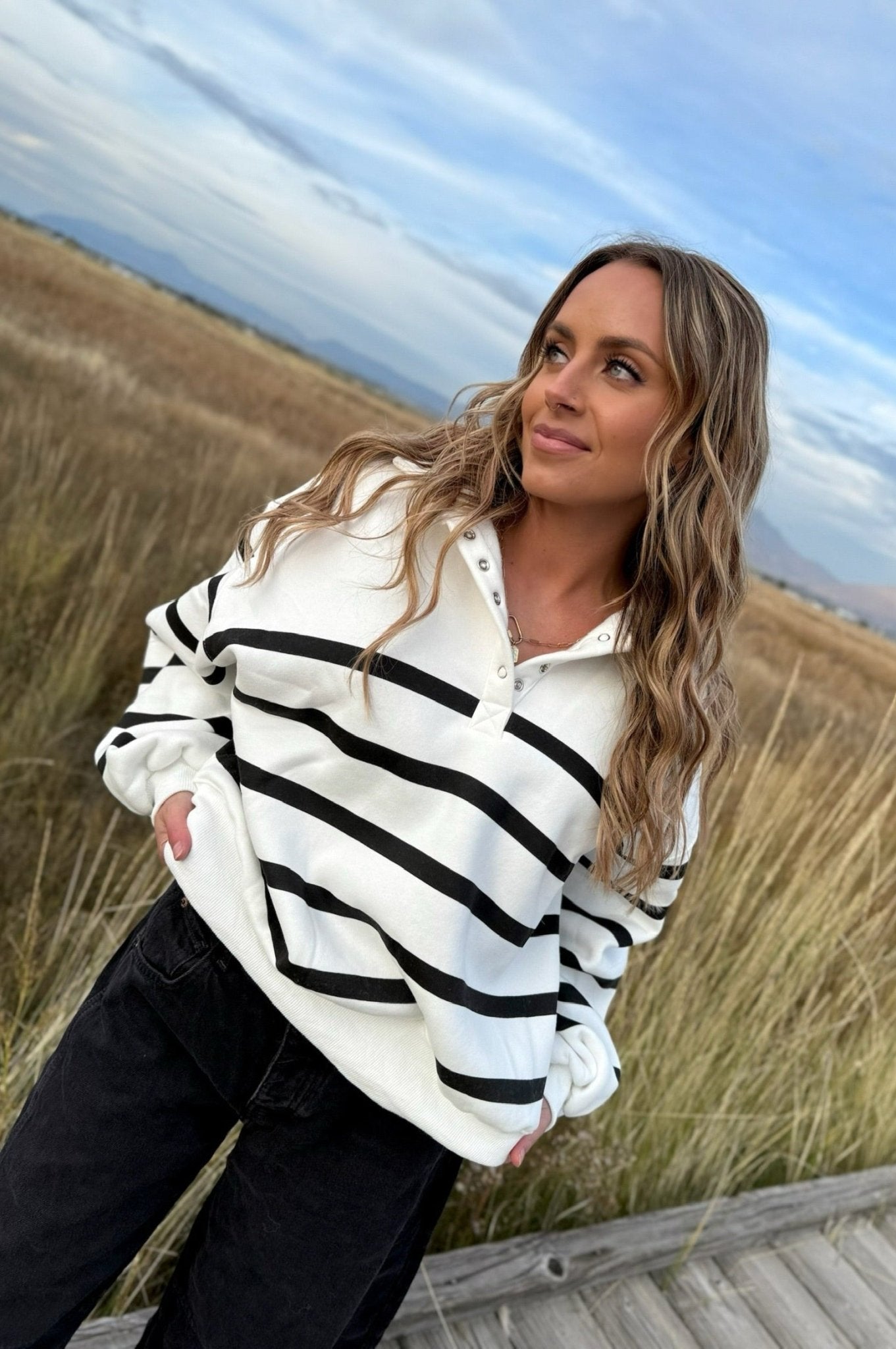 Striped button pullover, Womens striped pullover
