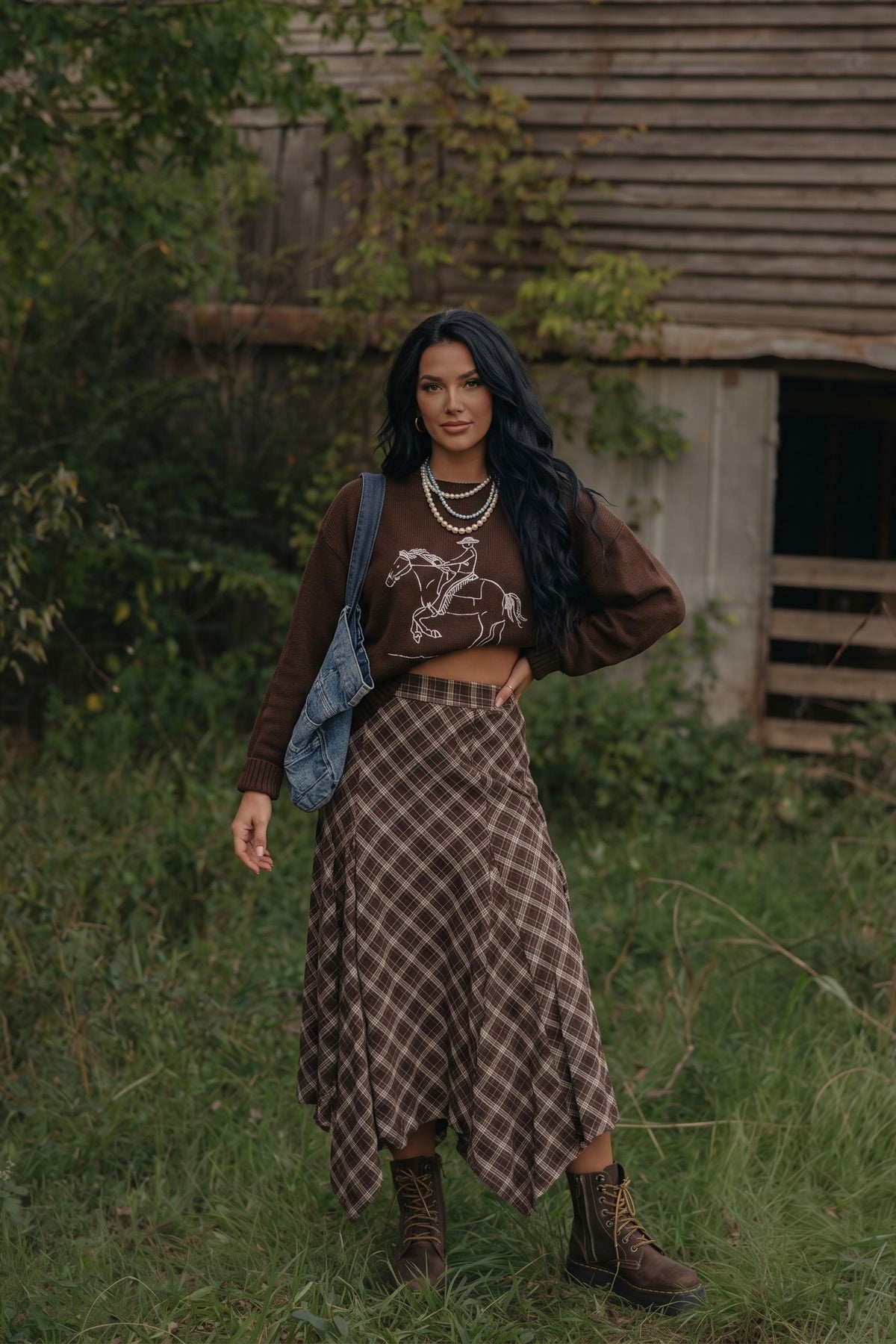 Brown plaid midi skirt with a flowy A-line silhouette, asymmetrical handkerchief hem and elastic back waistband.
