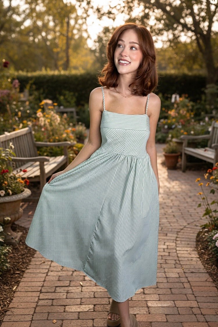 green striped midi dress, summer sundress, spring garden party dress, lightweight midi dress, vertical stripe dress, cottagecore fashion, vacation outfit, sage green dress