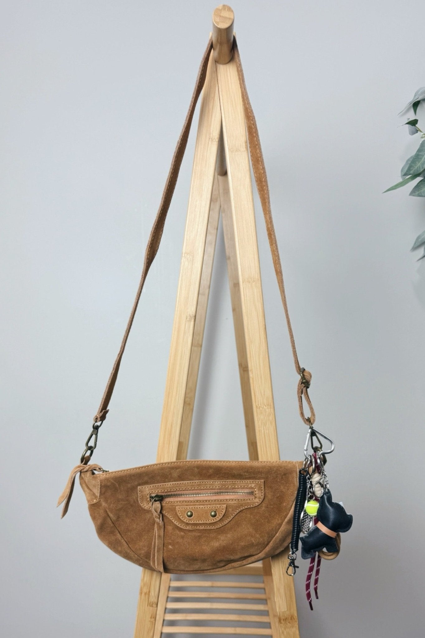 crescent suede bag with bag charms