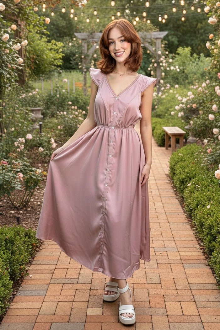 Satin midi dress, lace trim dress, button down dress, silky wedding guest dress, romantic pink dress, versatile midi dress, feminine satin gown.