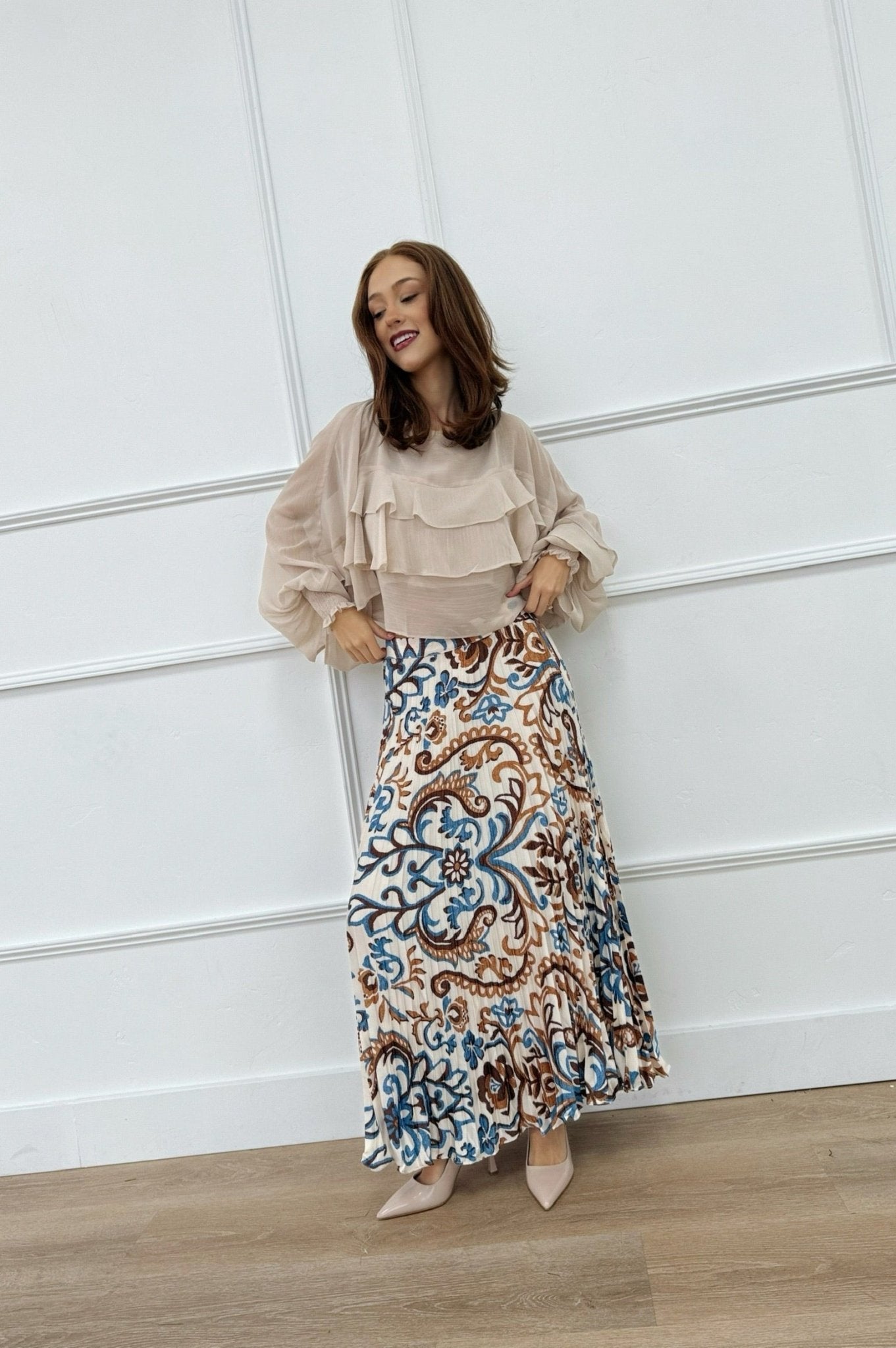 printed pleaded maxi skirt with multiple colors