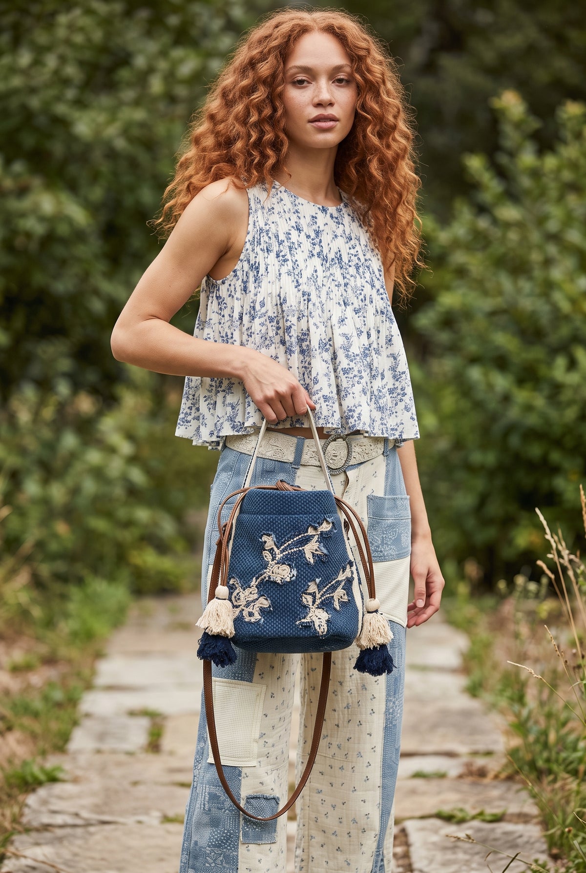 Zen & Wander blue textured woven crossbody bag with embroidered butterfly details, tassel accents and shoulder strap.