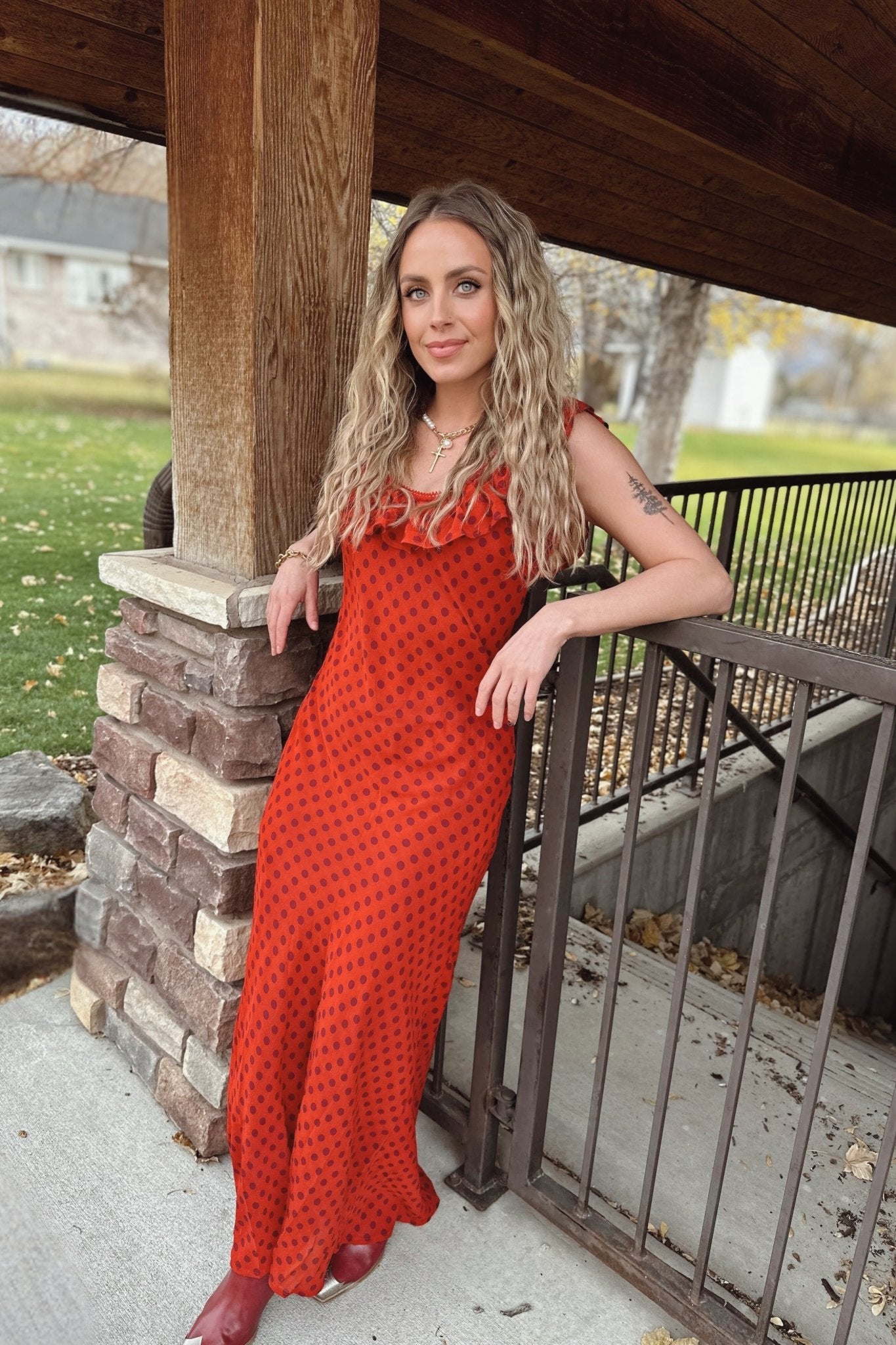 red polka dot flowy maxi dress