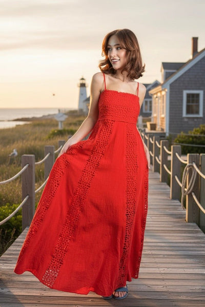 European Summer Maxi Dress, Small / Coral Red